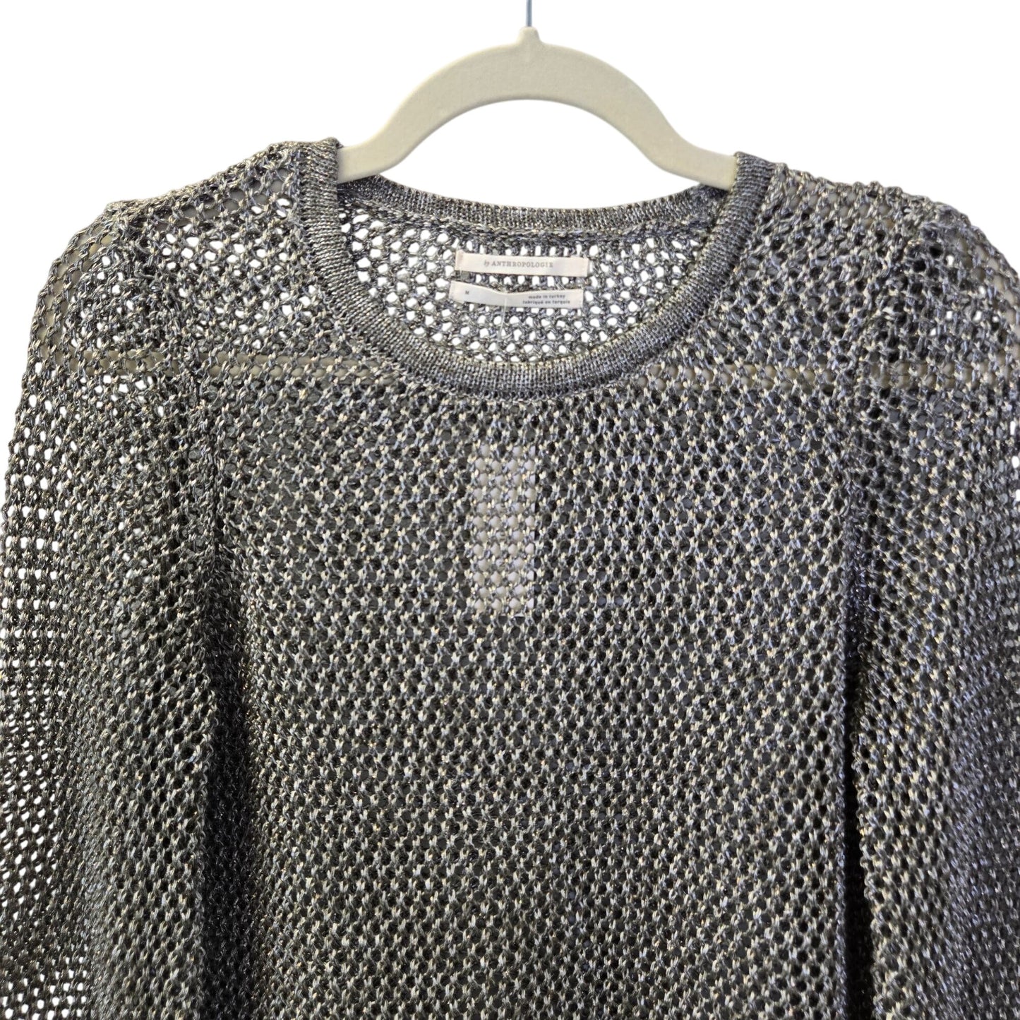 NWT Anthropologie Metallic Open Knit Crewneck Bell Sleeve Sweater Size Medium
