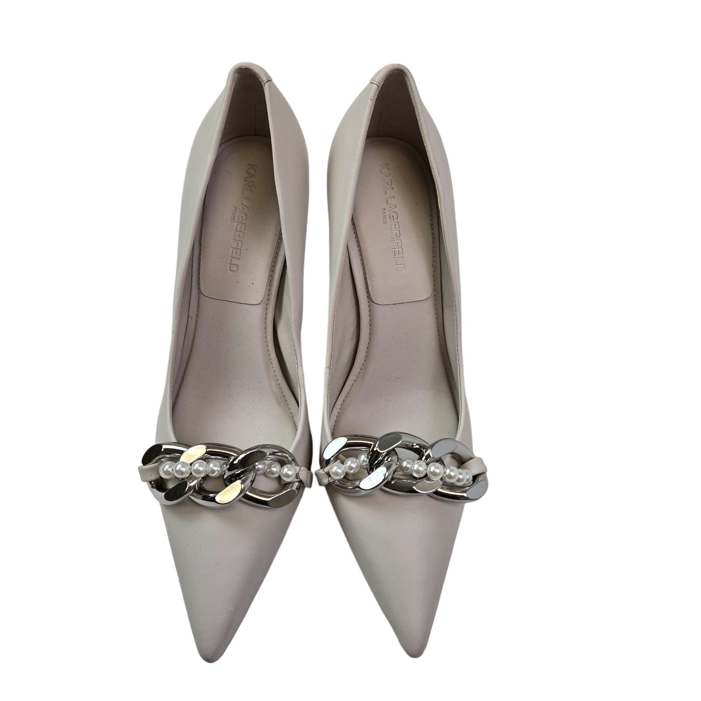 NWT/NWOB Karl Lagerfeld Leather Shivani Chain & Pear Embellished Heels Size 9