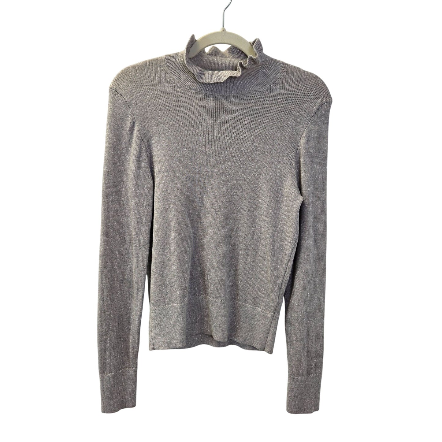 J. Crew Merino Wool Blend Ruffle Mock Neck Silver Metallic Sweater Size Medium