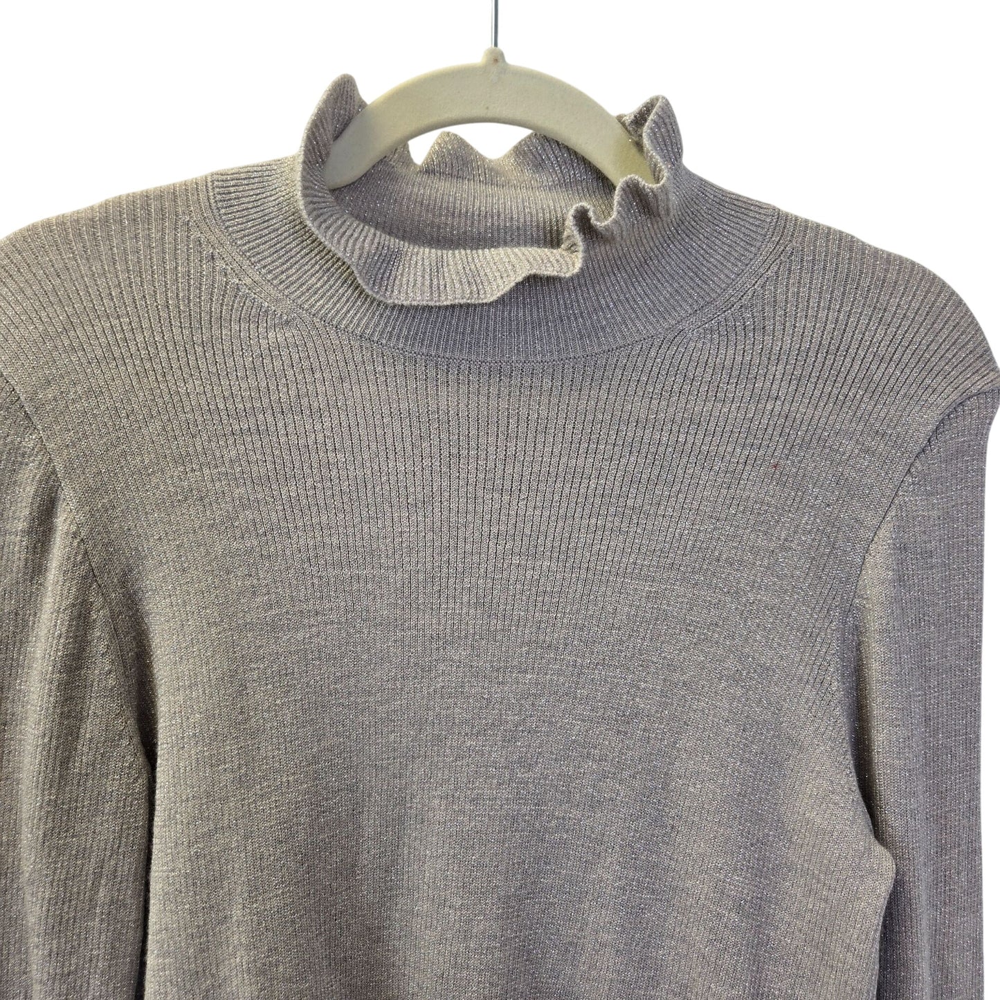 J. Crew Merino Wool Blend Ruffle Mock Neck Silver Metallic Sweater Size Medium