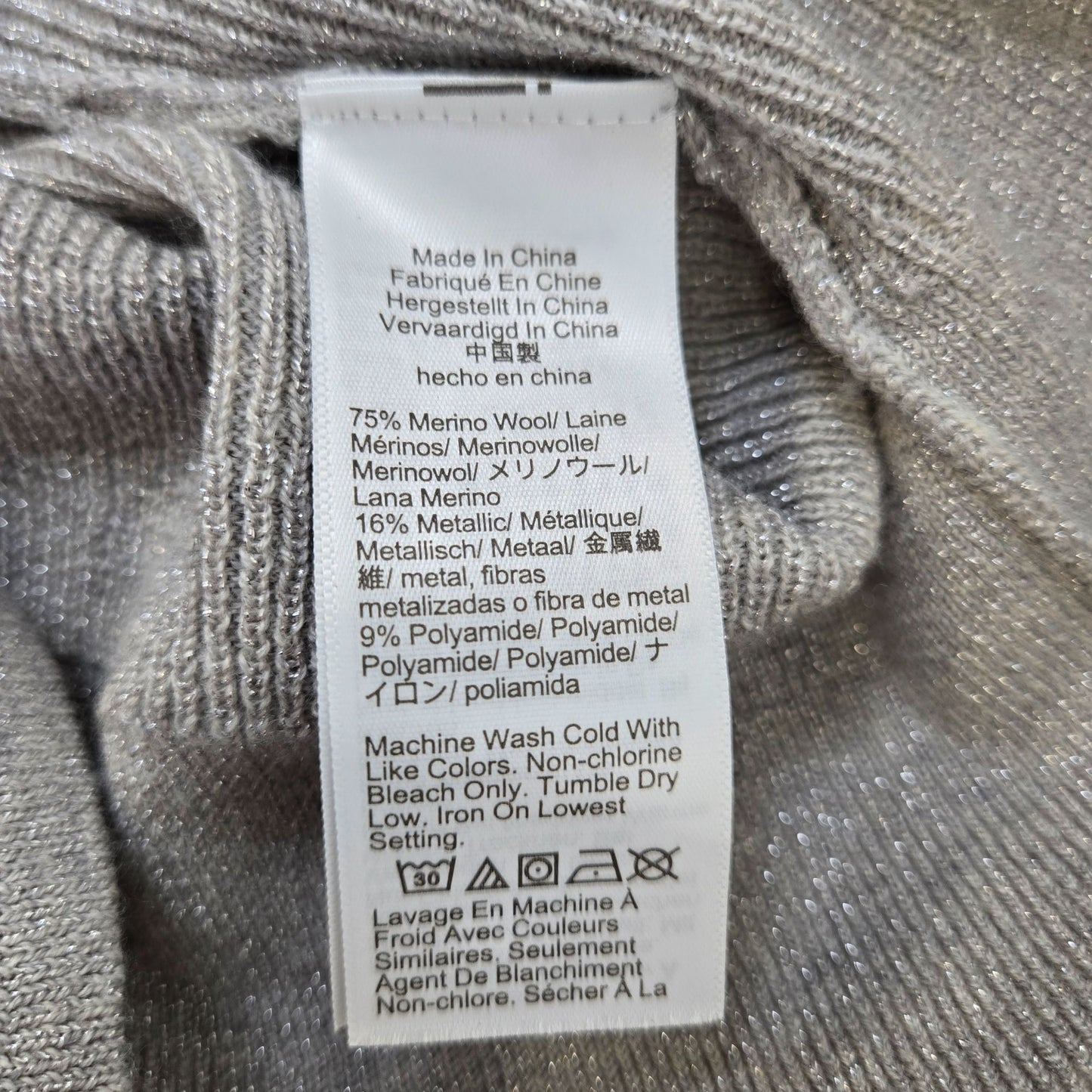 J. Crew Merino Wool Blend Ruffle Mock Neck Silver Metallic Sweater Size Medium