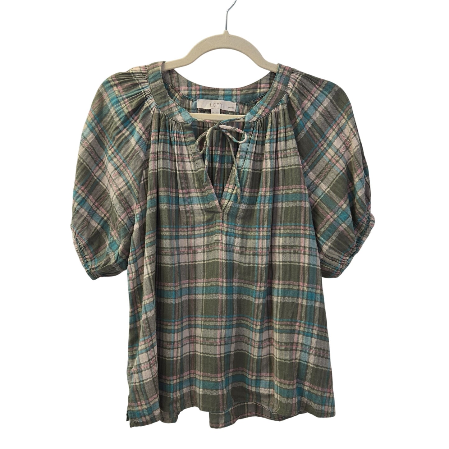 Loft Oversized Lightweight Plaid Popover Peasant Top Size Small Petite