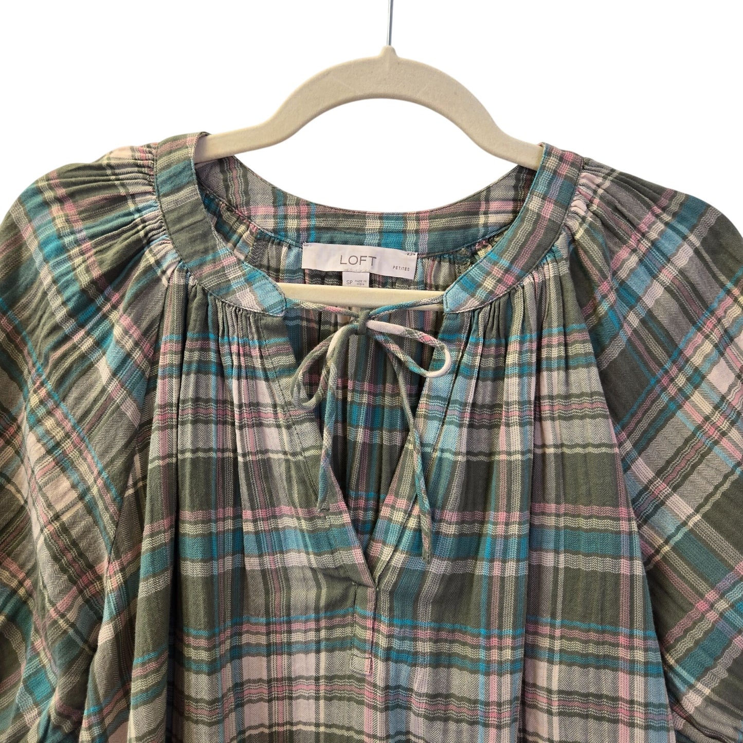 Loft Oversized Lightweight Plaid Popover Peasant Top Size Small Petite