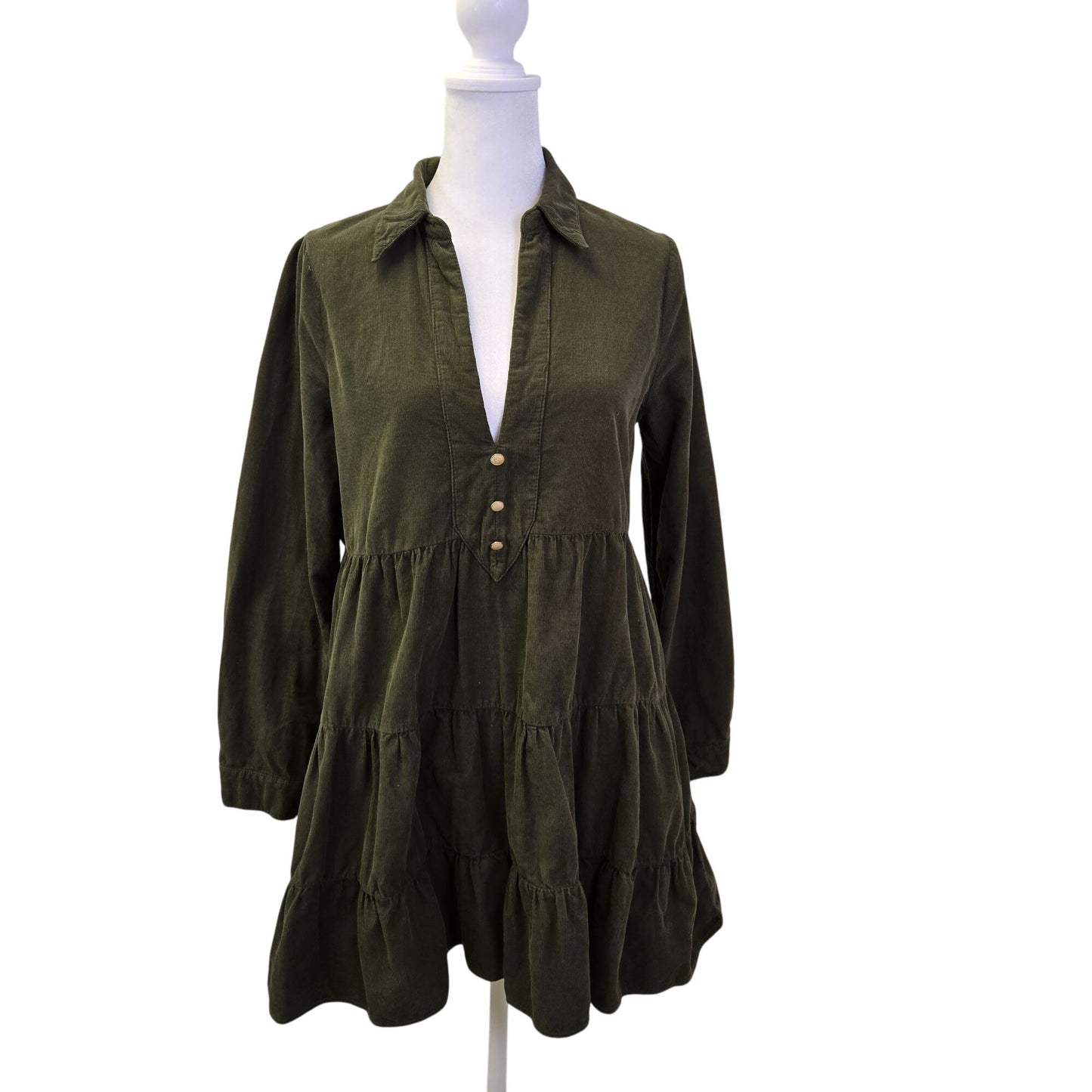Zara Corduroy Tiered Hem Collared Boho Dress Size Small