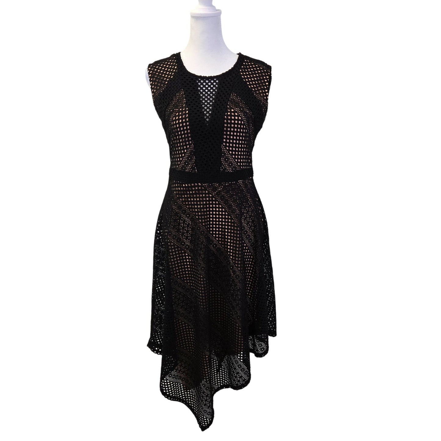 BCBGMaxAzria Tracie Crochet Overlay Fit & Flare Asymmetrical Hem Dress Size Small
