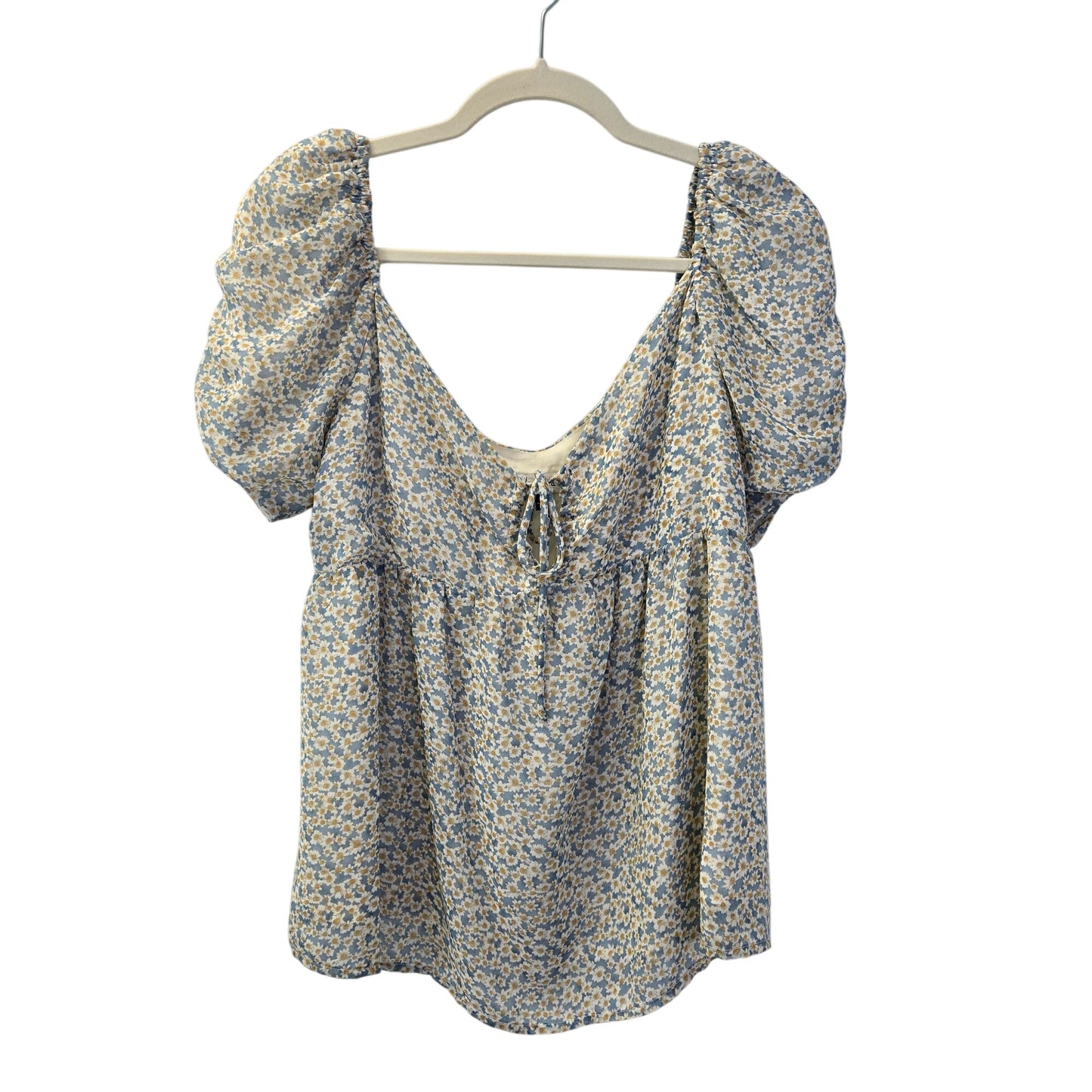 Louna Blue Daisy Chiffon Puff Sleeve Boho Blouse Size Medium