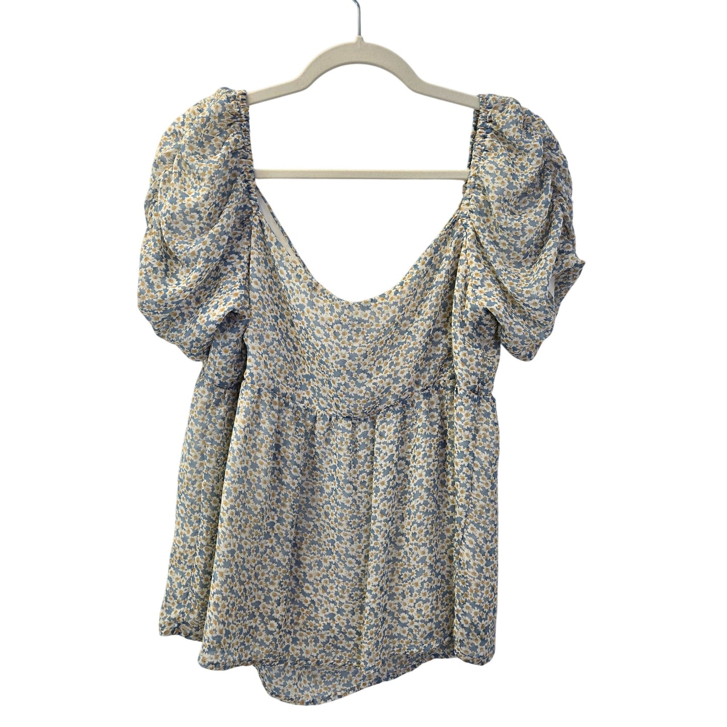 Louna Blue Daisy Chiffon Puff Sleeve Boho Blouse Size Medium
