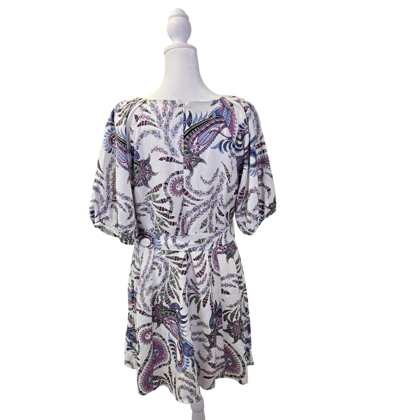 Loft Linen Blend Paisley Print Puff Sleeve Belted Mini Dress Size 8