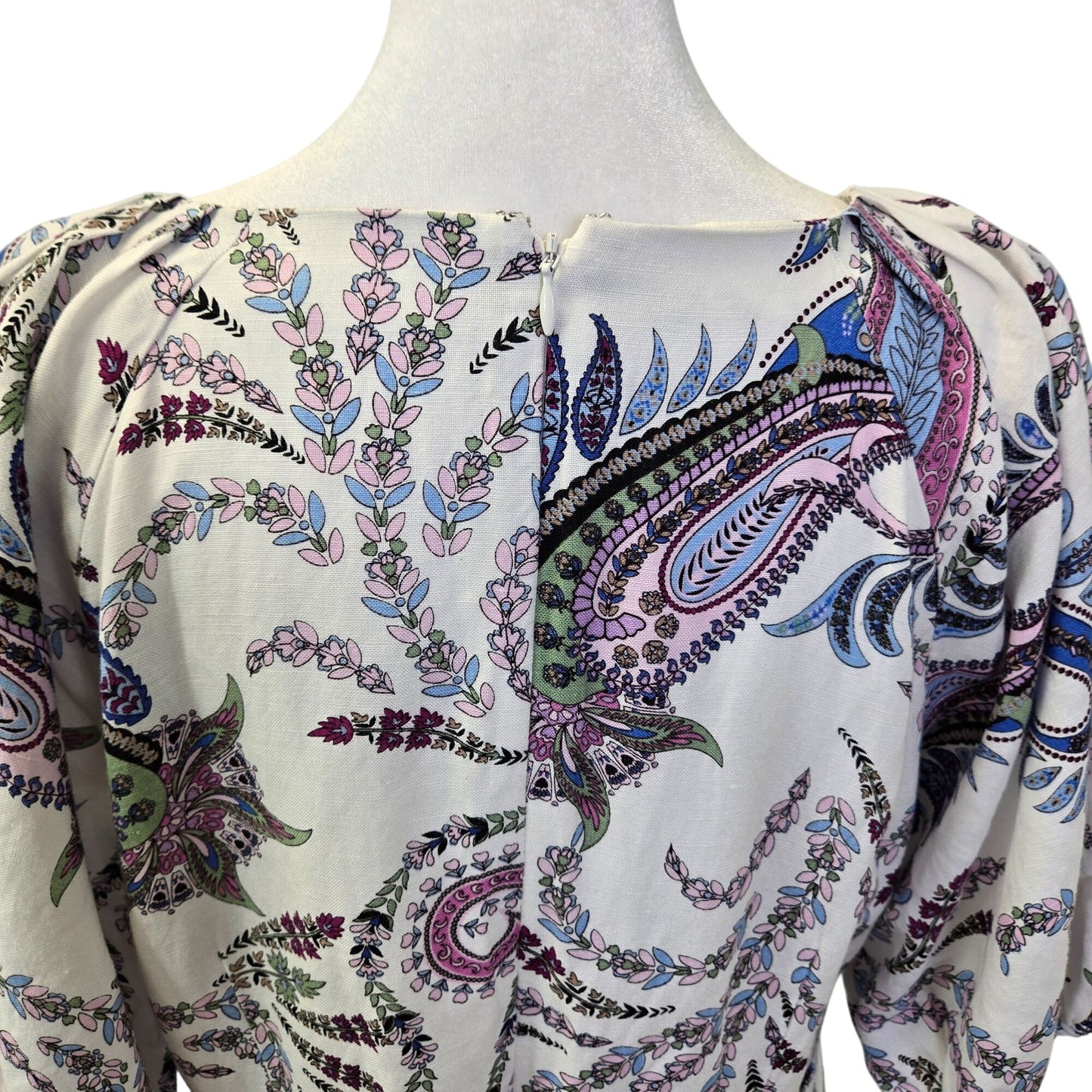 Loft Linen Blend Paisley Print Puff Sleeve Belted Mini Dress Size 8