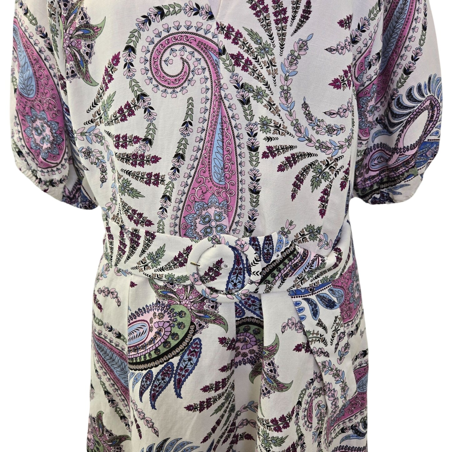 Loft Linen Blend Paisley Print Puff Sleeve Belted Mini Dress Size 8