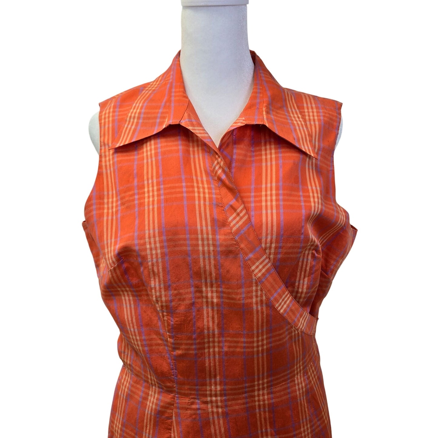 Vintage Ice 100% Silk Plaid Collared Wrap Dress Size 12