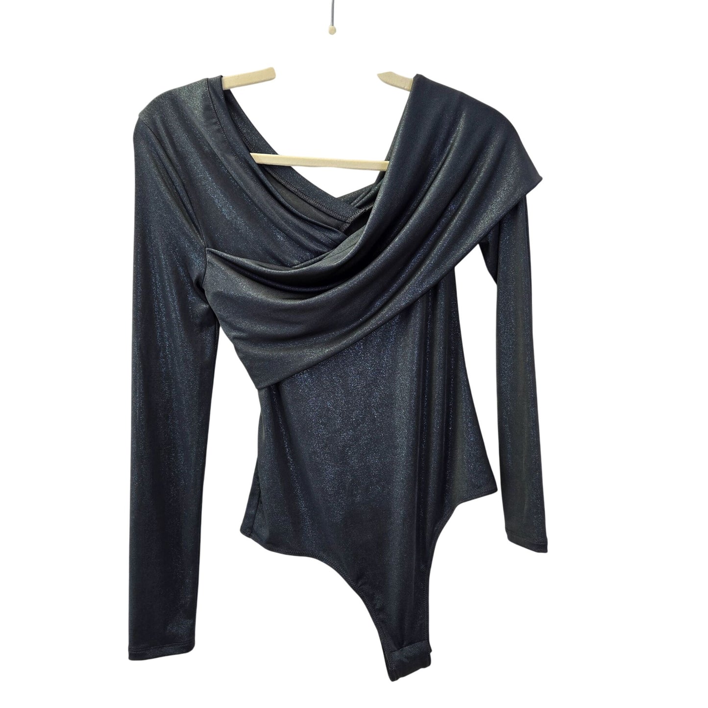 NWT BCBGMaxAzria Blue Metallic Drape Neck Bodysuit Size Small