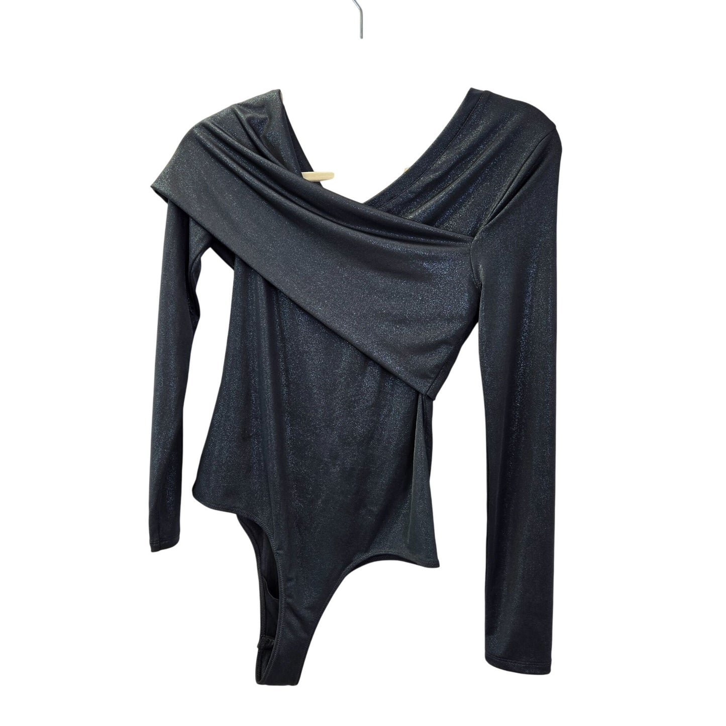 NWT BCBGMaxAzria Blue Metallic Drape Neck Bodysuit Size Small