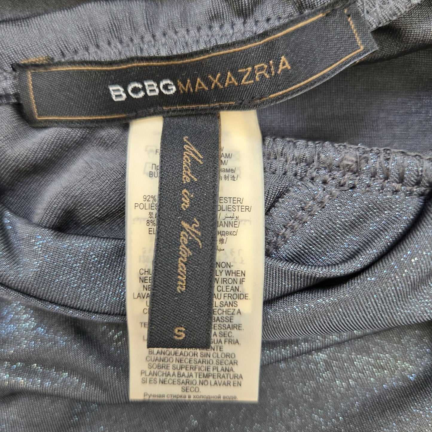 NWT BCBGMaxAzria Blue Metallic Drape Neck Bodysuit Size Small