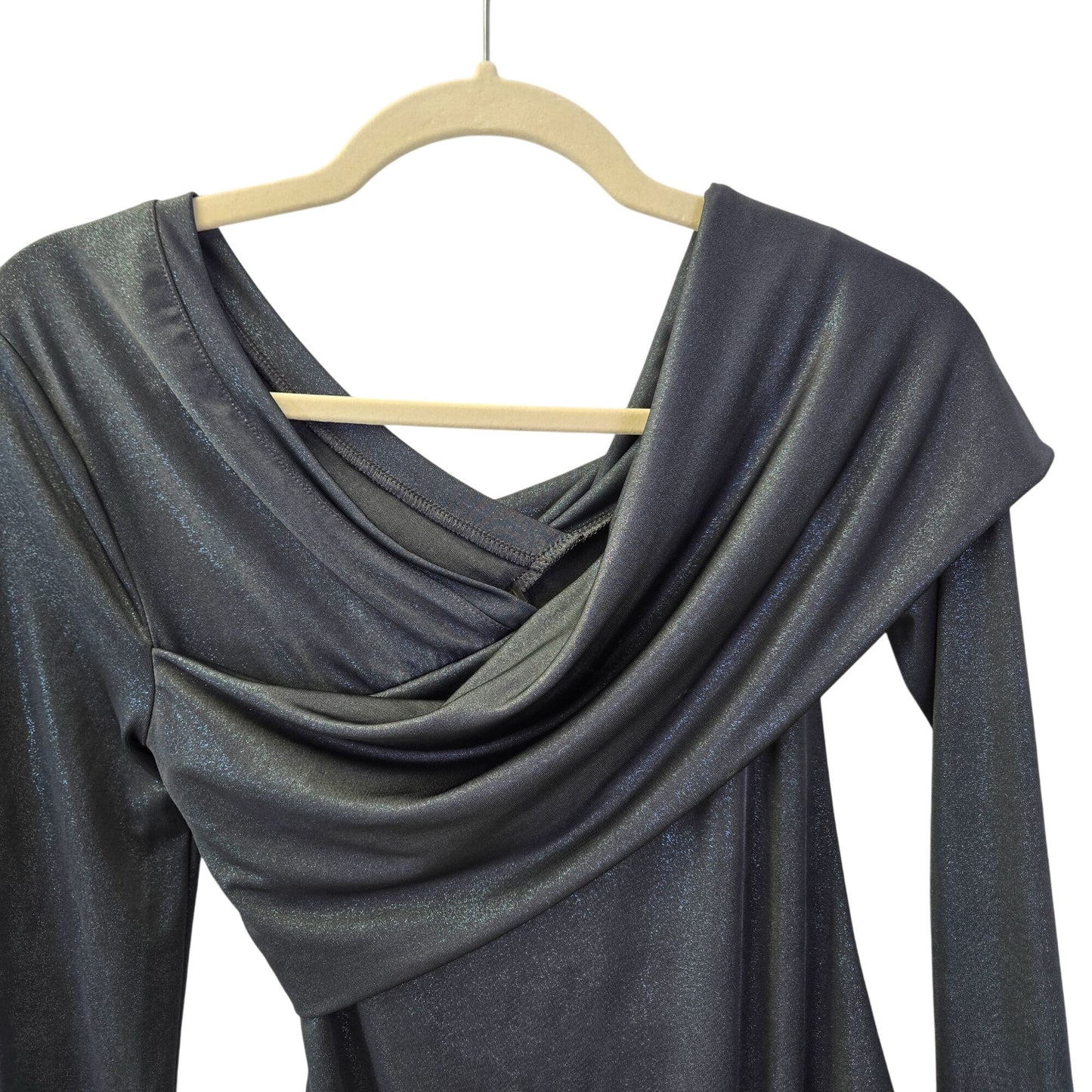 NWT BCBGMaxAzria Blue Metallic Drape Neck Bodysuit Size Small