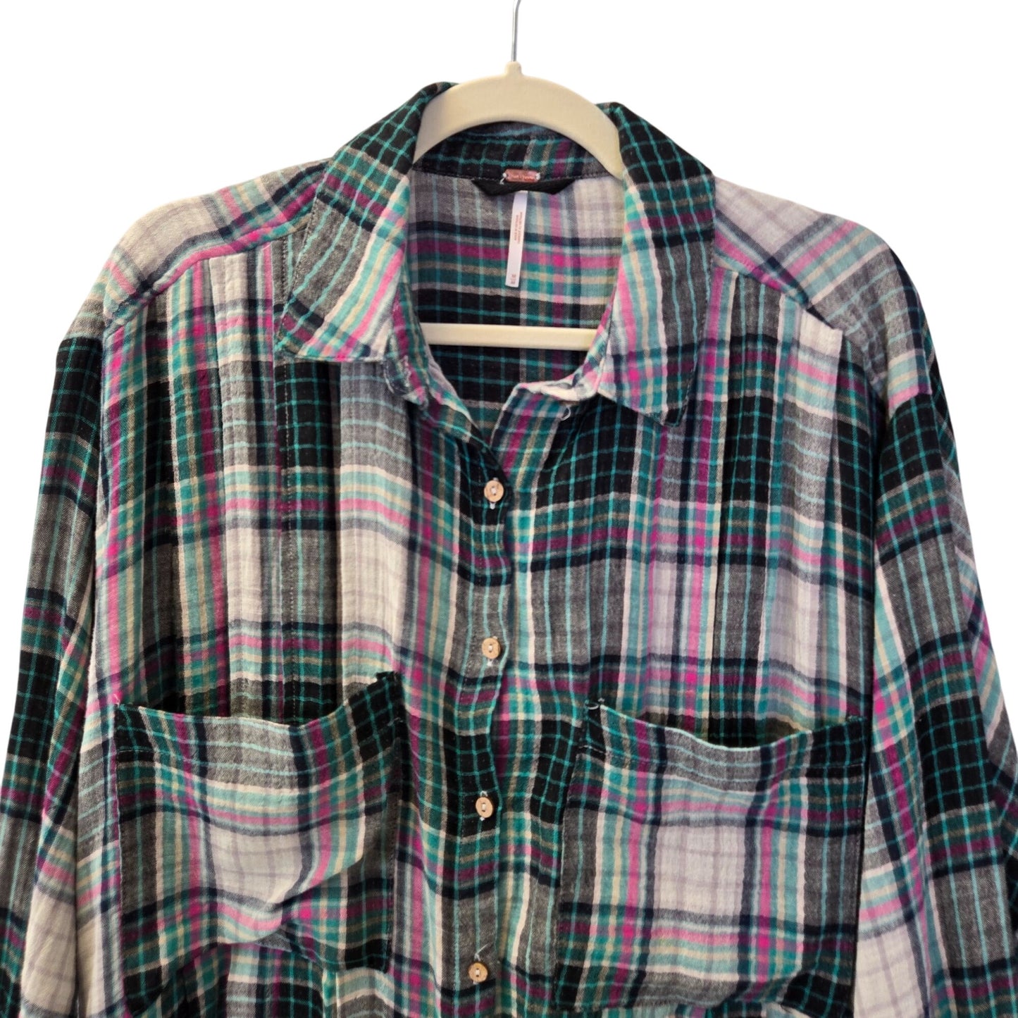 Free People Voyager Plaid Gauzy Button Down Shirt Dress Size Medium