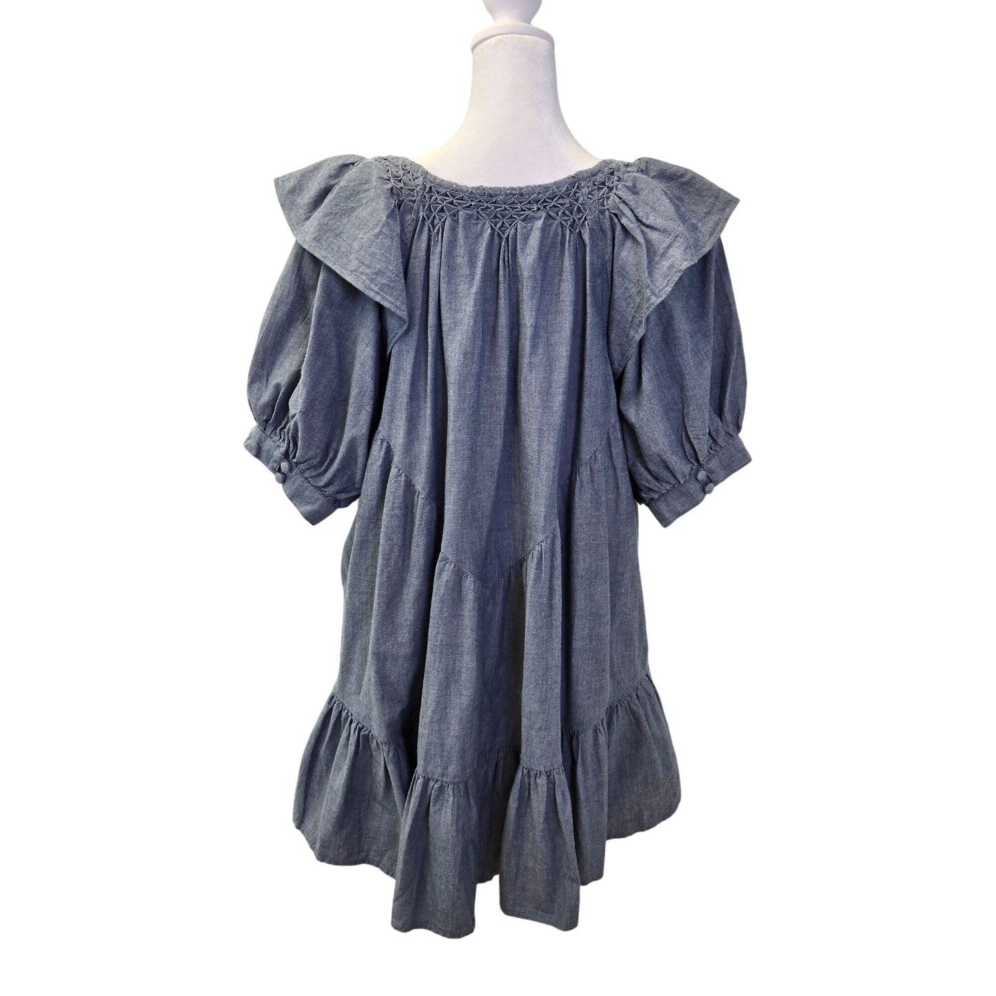 Free People Amelie Chambray Ruffle Hem Puff Sleeve Mini Dress Size Small