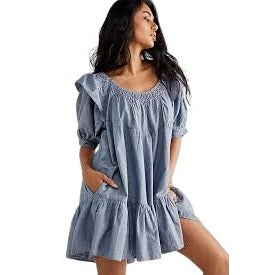 Free People Amelie Chambray Ruffle Hem Puff Sleeve Mini Dress Size Small
