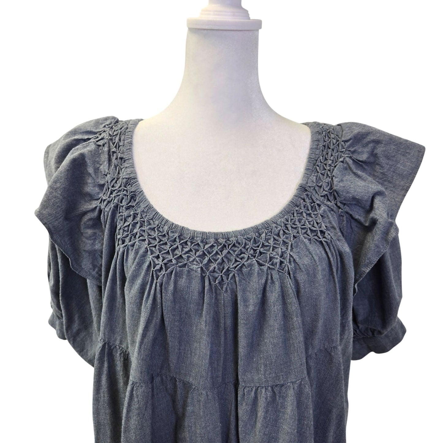 Free People Amelie Chambray Ruffle Hem Puff Sleeve Mini Dress Size Small