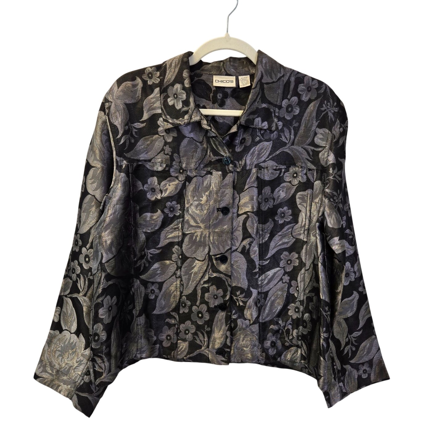Chico's Silk Blend Jacquard Button Front Metallic Jacket Size Chico's 2/Large