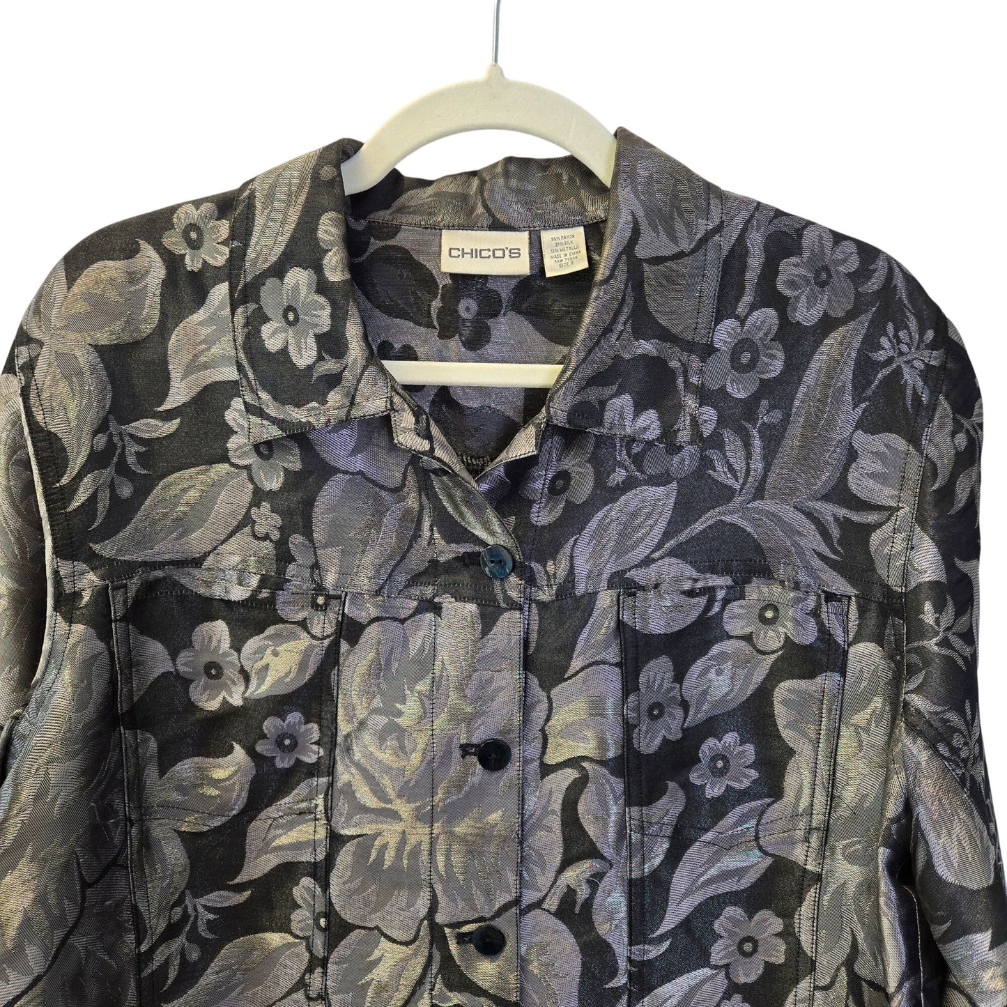 Chico's Silk Blend Jacquard Button Front Metallic Jacket Size Chico's 2/Large