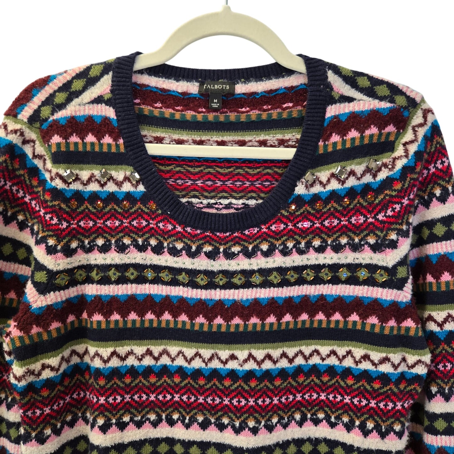 Talbots Wool Blend Graphic Print Bead Embellished Sweater Size Medium