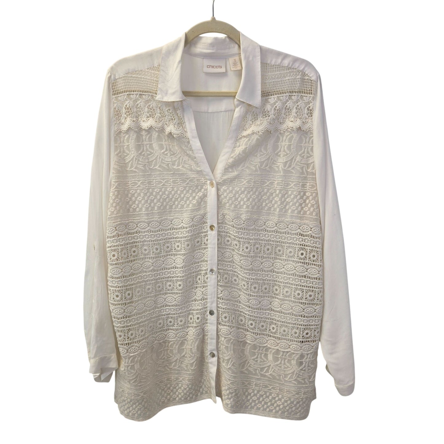Chico's Mixed Media Crochet Front Button Down Shirt Size Chico's 3/XL