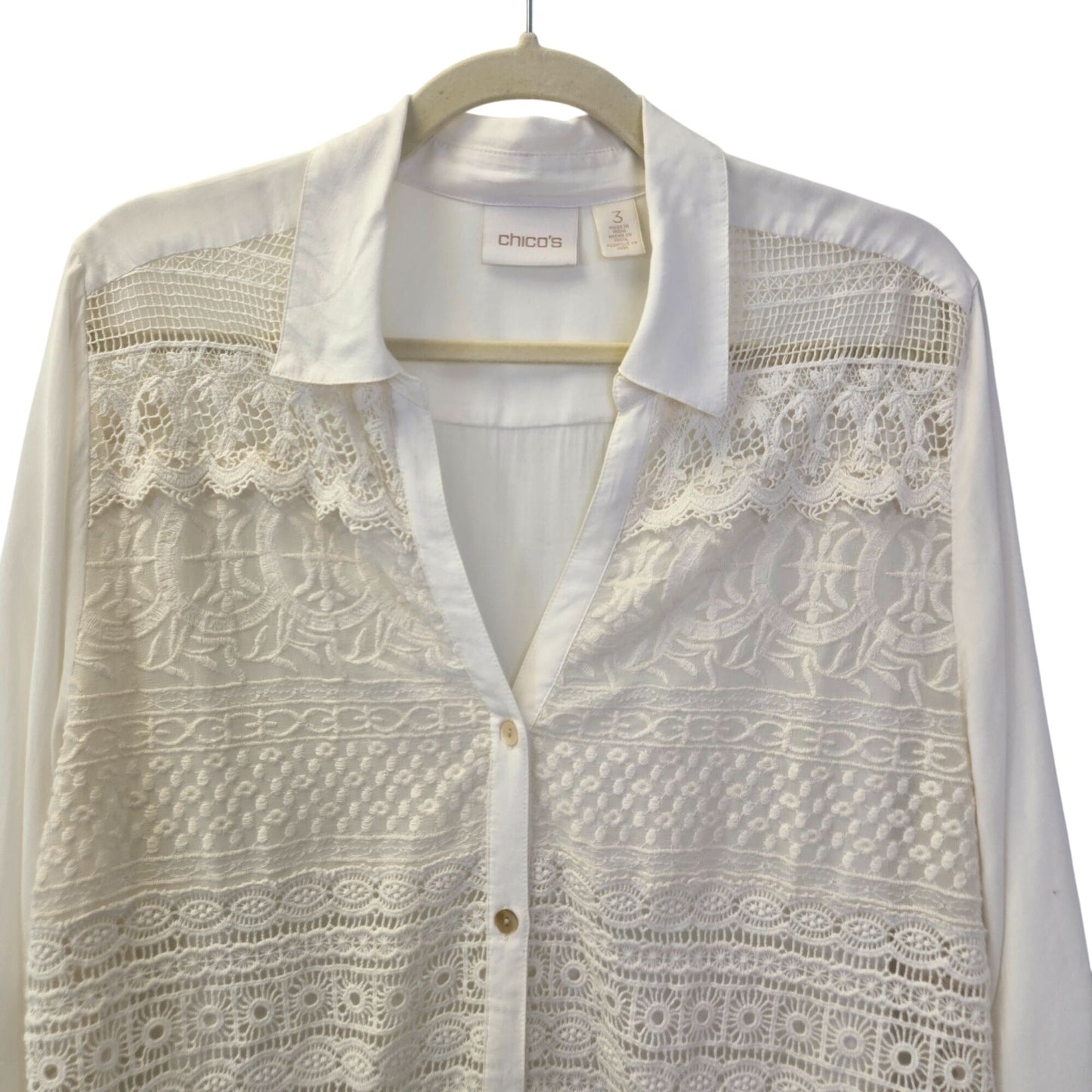 Chico's Mixed Media Crochet Front Button Down Shirt Size Chico's 3/XL
