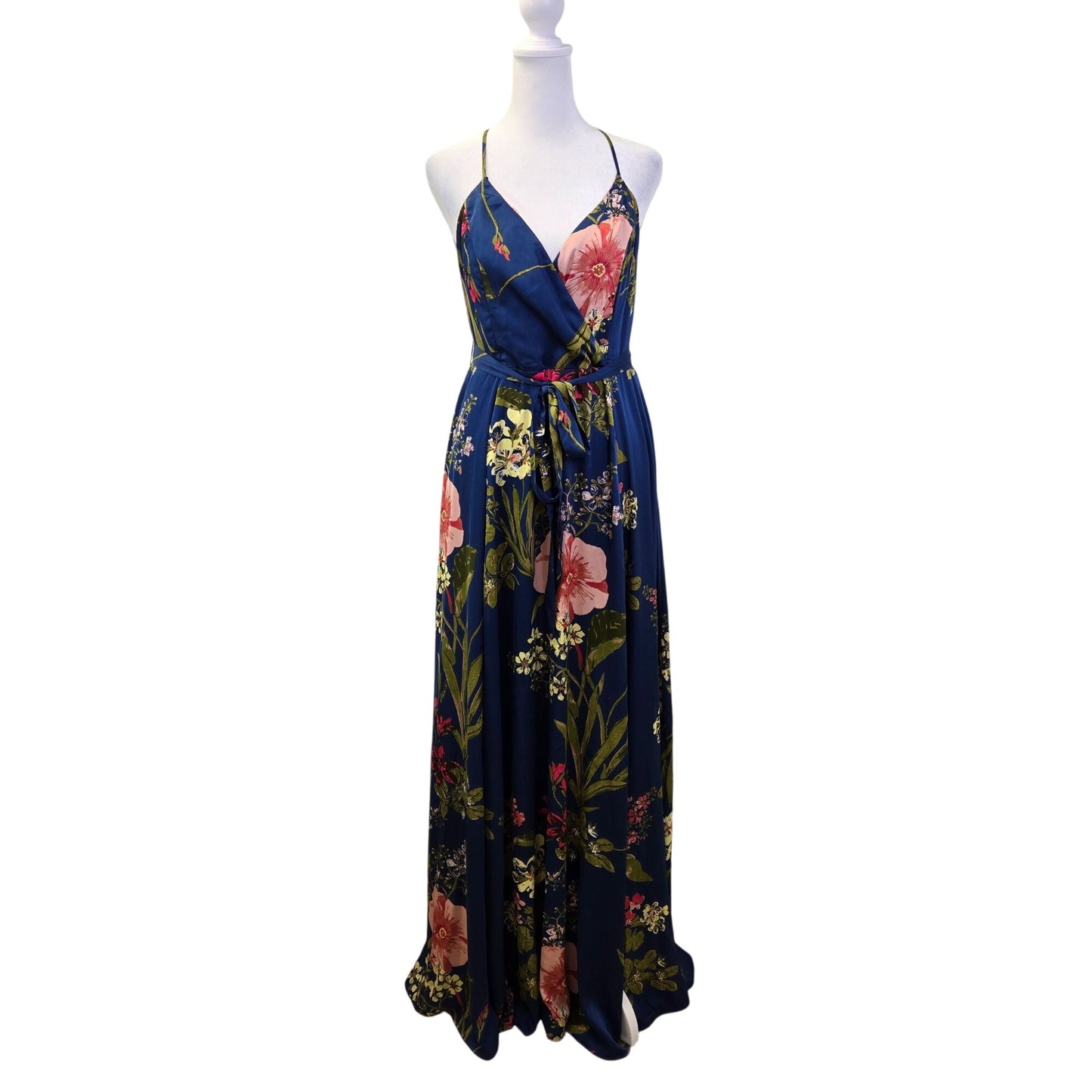 Lulu's Still the One Blue Floral Print Satin Maxi Dress Size Large