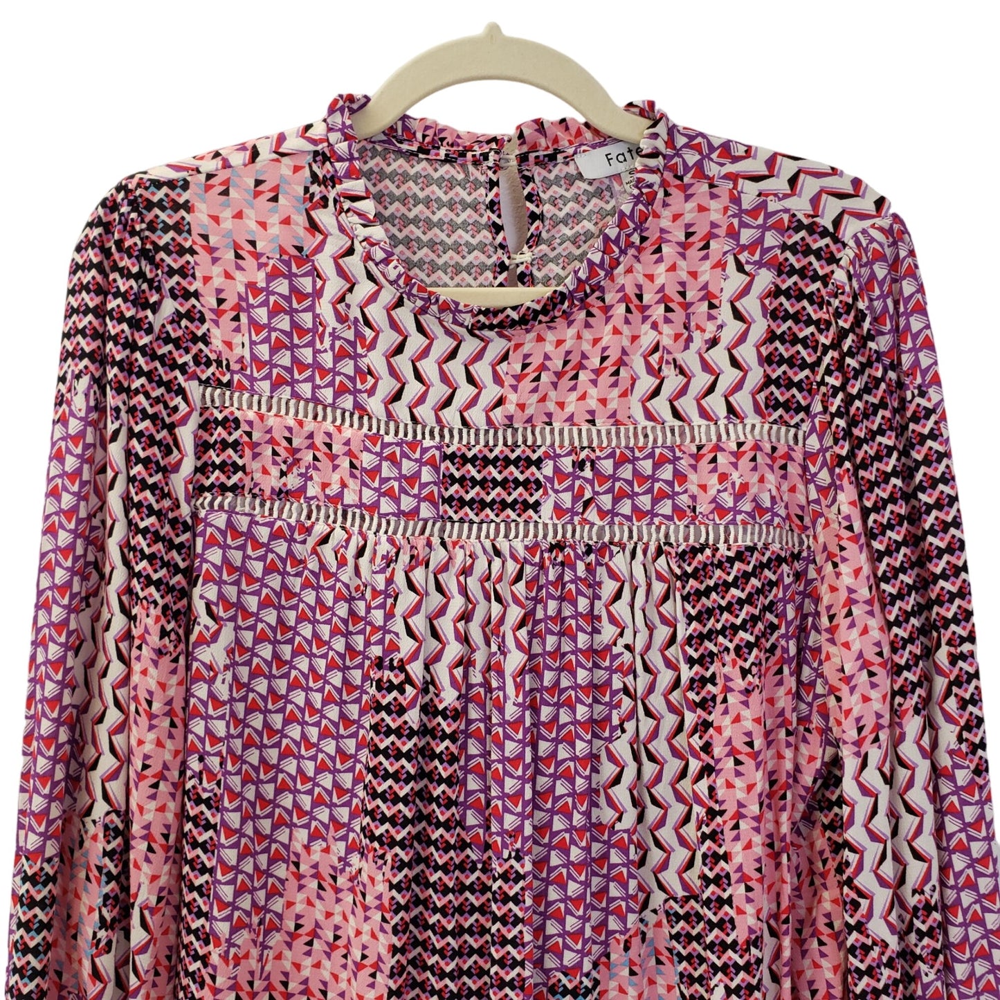 Fate Geometric Pattern Ruffle Trim Baby Doll Top Size Small