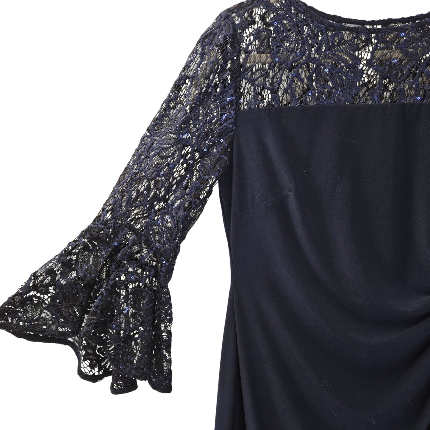 Lauren Ralph Lauren Navy Ruched Sequin Embellished Lace Bell Sleeve Dress Size 4