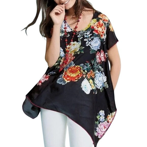 Johnny Was Ziara Mixed Floral Print Handkerchief Hem Tunic Blouse Size 2X