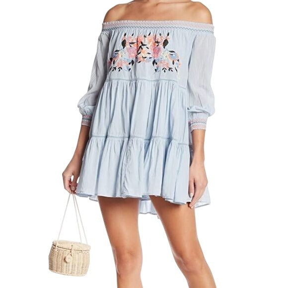 Free People Sunbeams Embroidered Off the Shoulder Tiered Boho Dress Size Large