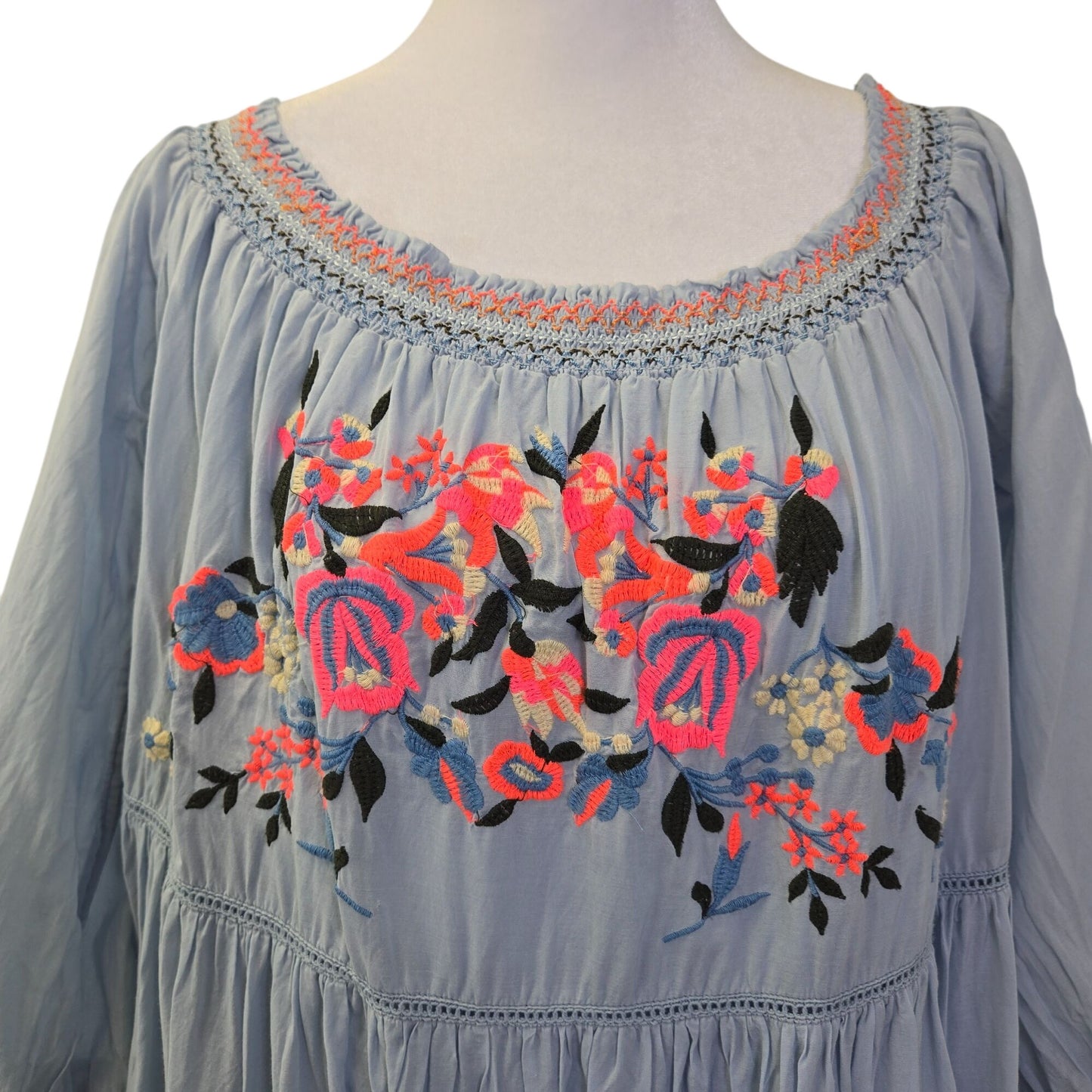 Free People Sunbeams Embroidered Off the Shoulder Tiered Boho Dress Size Large