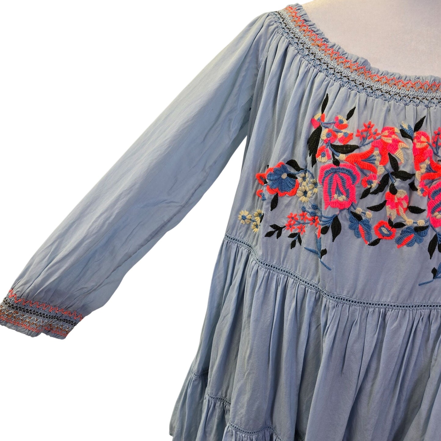 Free People Sunbeams Embroidered Off the Shoulder Tiered Boho Dress Size Large