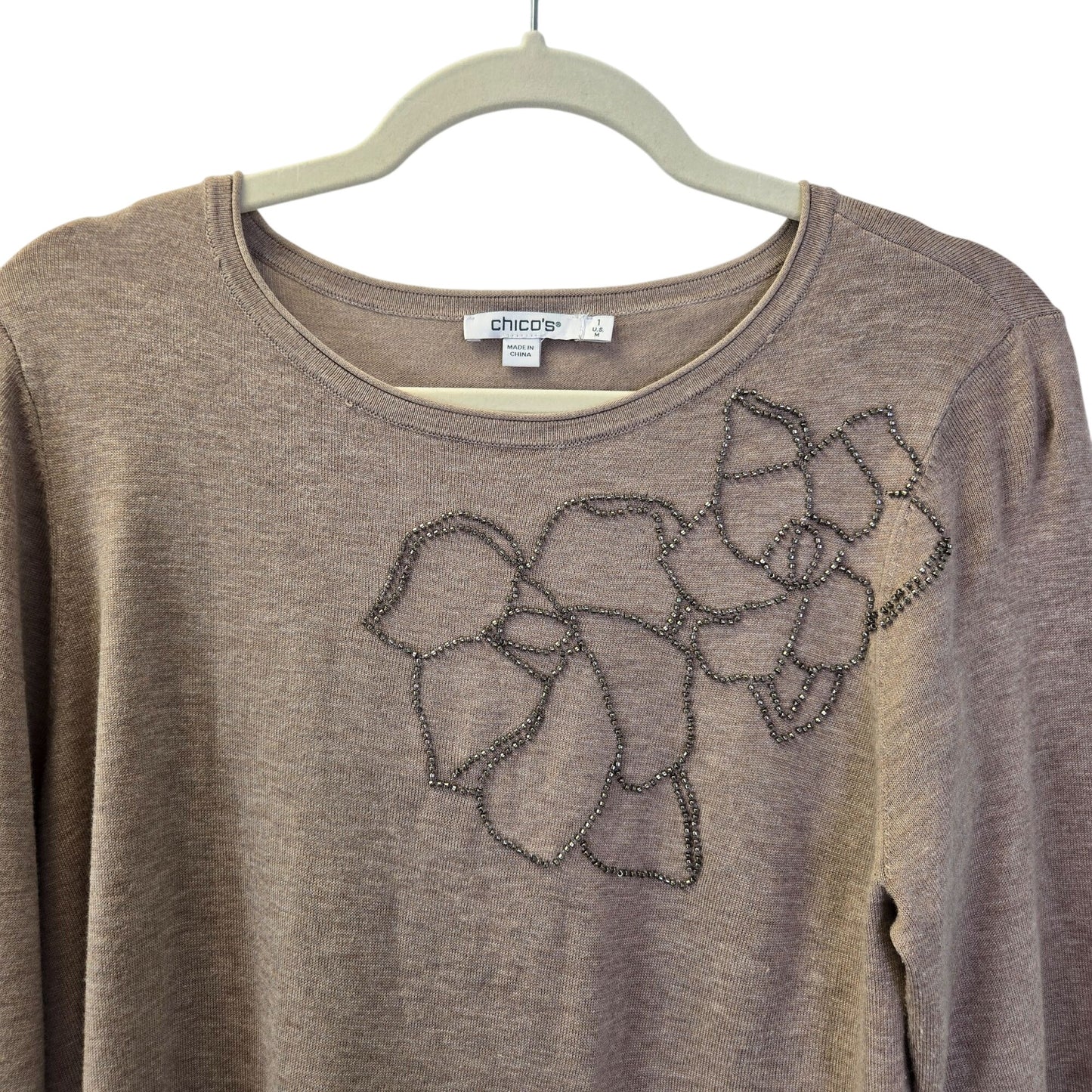 Chico's Floral Beaded Embellished Crewneck Sweater Size Chico's 1/Medium