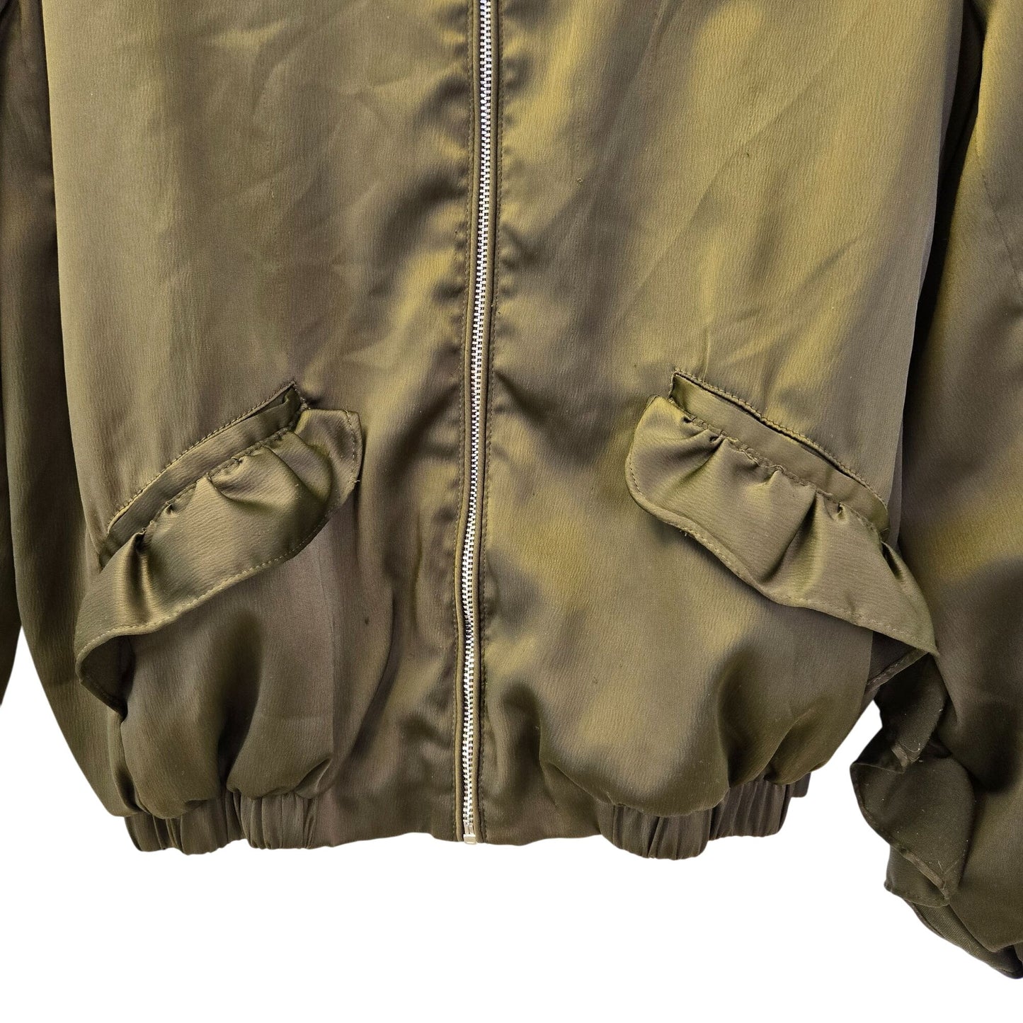 Zara Satin Ruffle Accent Full Zip Bomber Jacket Size Small/Medium