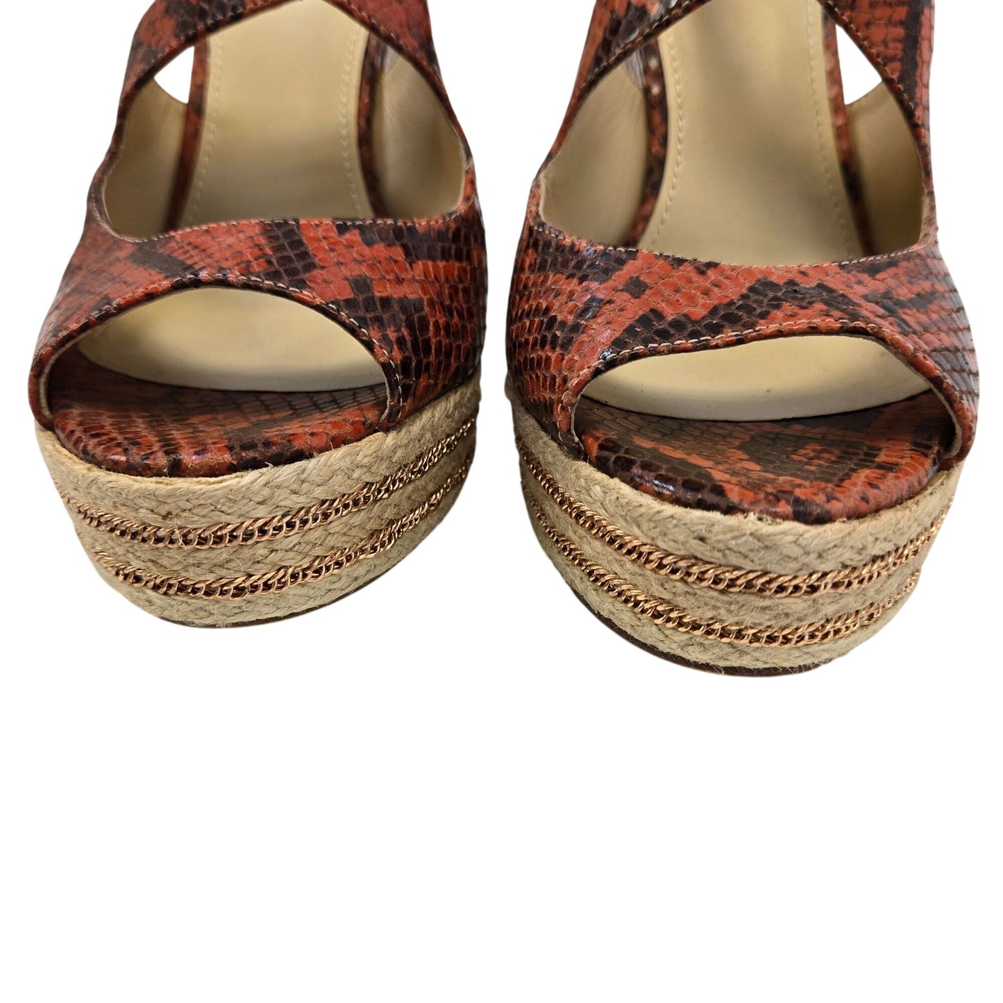 B Brian Atwood Leather Dekoda Snake-Print Platform Wedge Sandals Size 6
