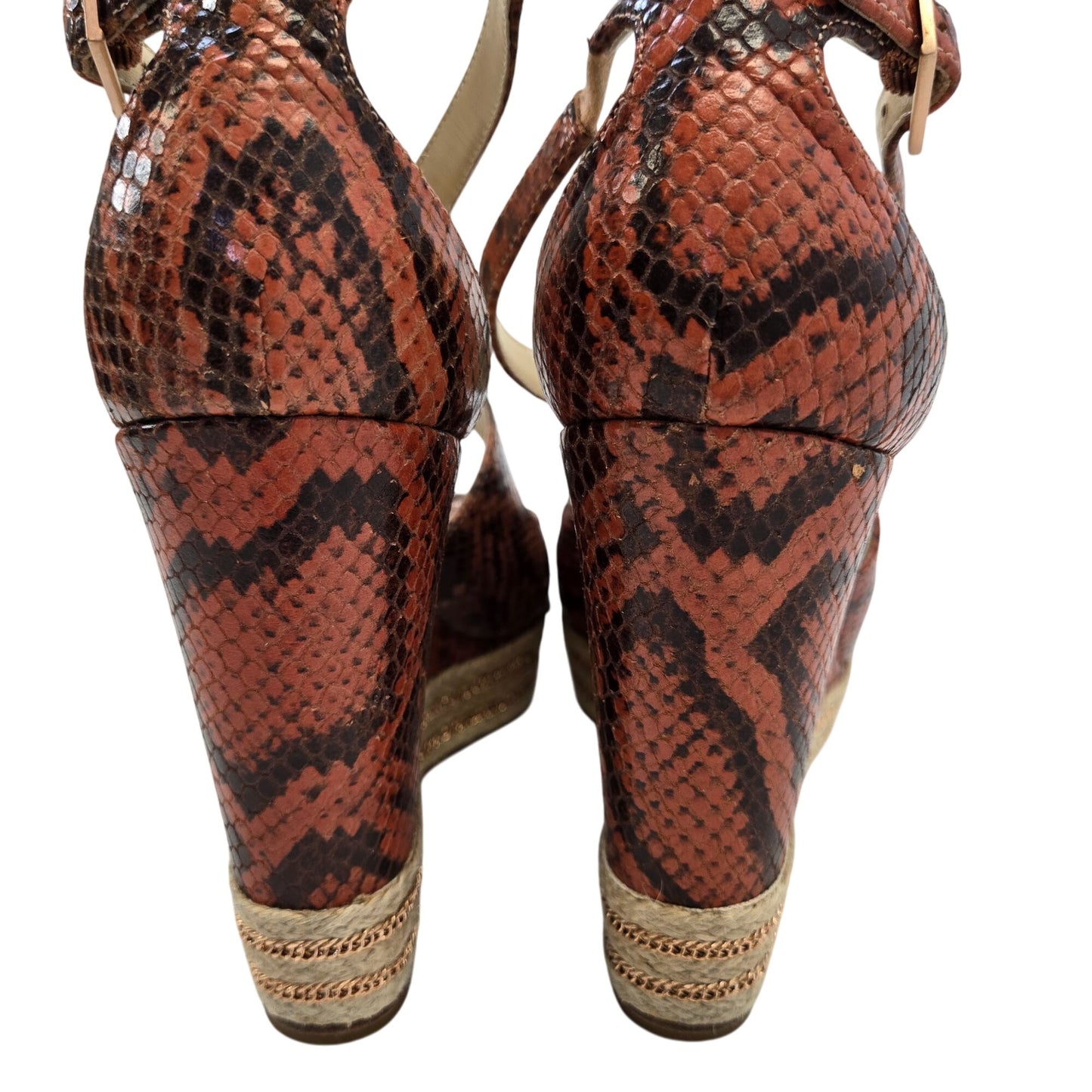 B Brian Atwood Leather Dekoda Snake-Print Platform Wedge Sandals Size 6