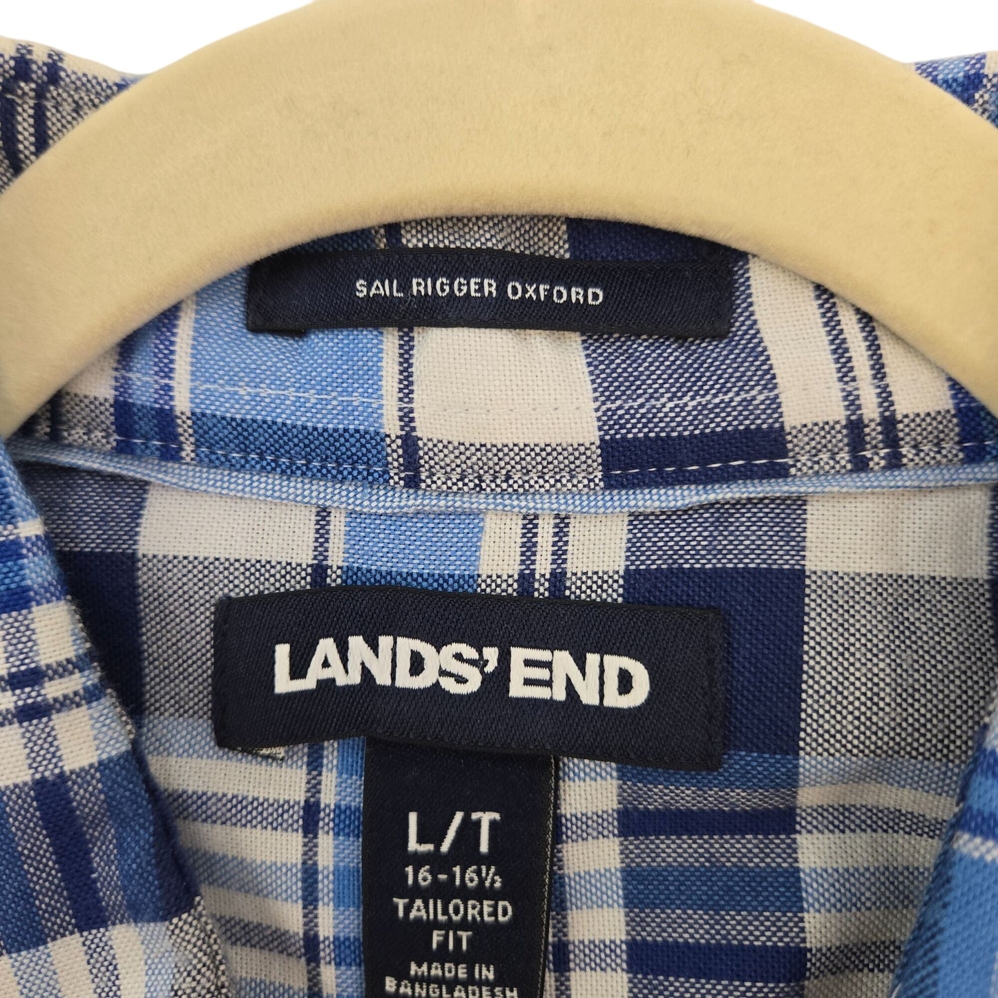 Lands' End Sail Rigger Oxford Tailored Fit Plaid Button Down Shirt Size Large Tall