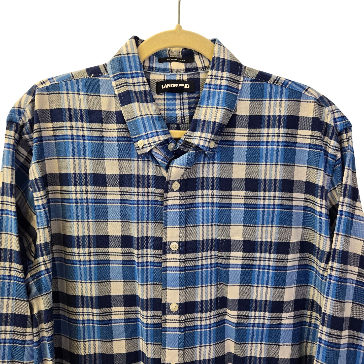 Lands' End Sail Rigger Oxford Tailored Fit Plaid Button Down Shirt Size Large Tall