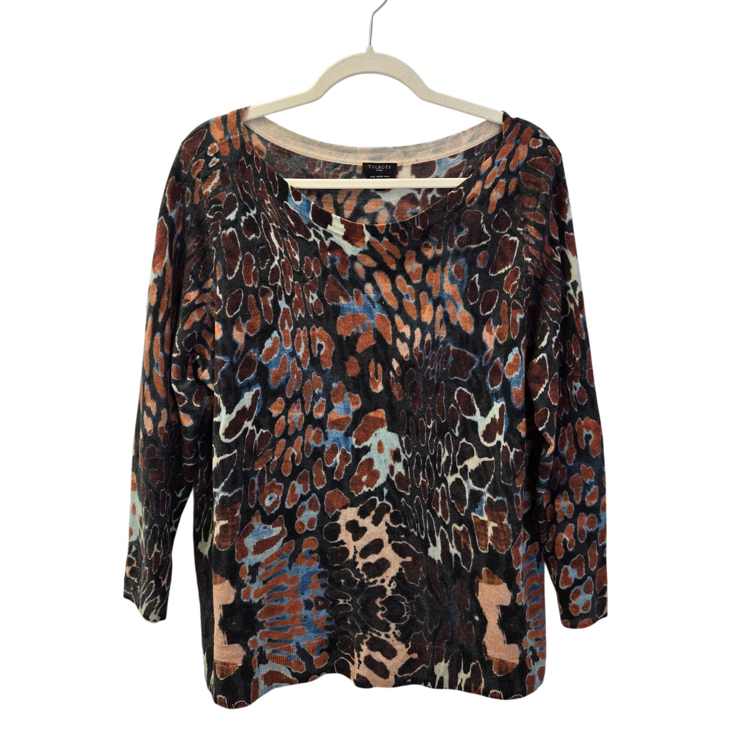 Talbots Woman 100% Merino Wool Leopard Print 3/4 Sleeve Crewneck Sweater Size 2XL