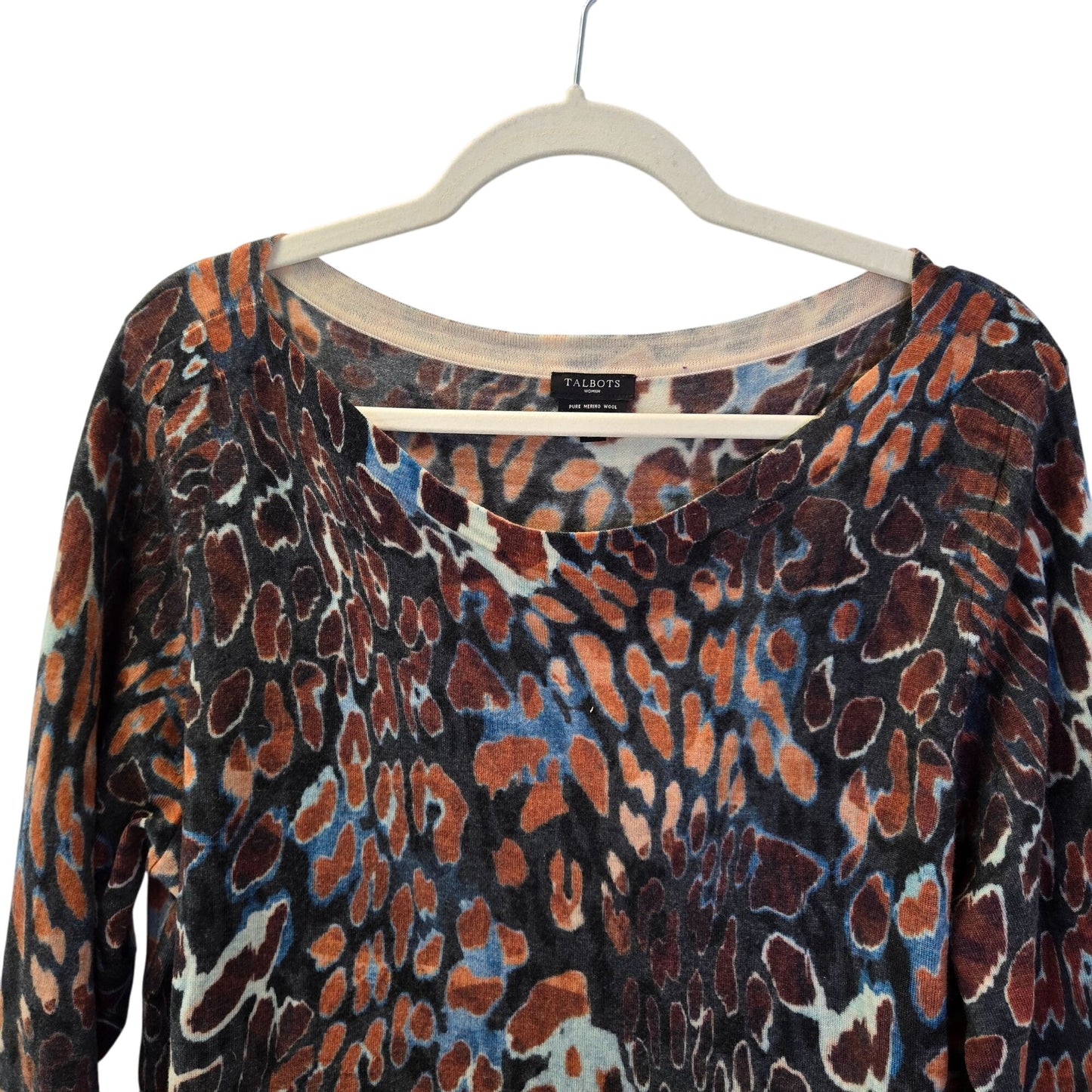 Talbots Woman 100% Merino Wool Leopard Print 3/4 Sleeve Crewneck Sweater Size 2XL