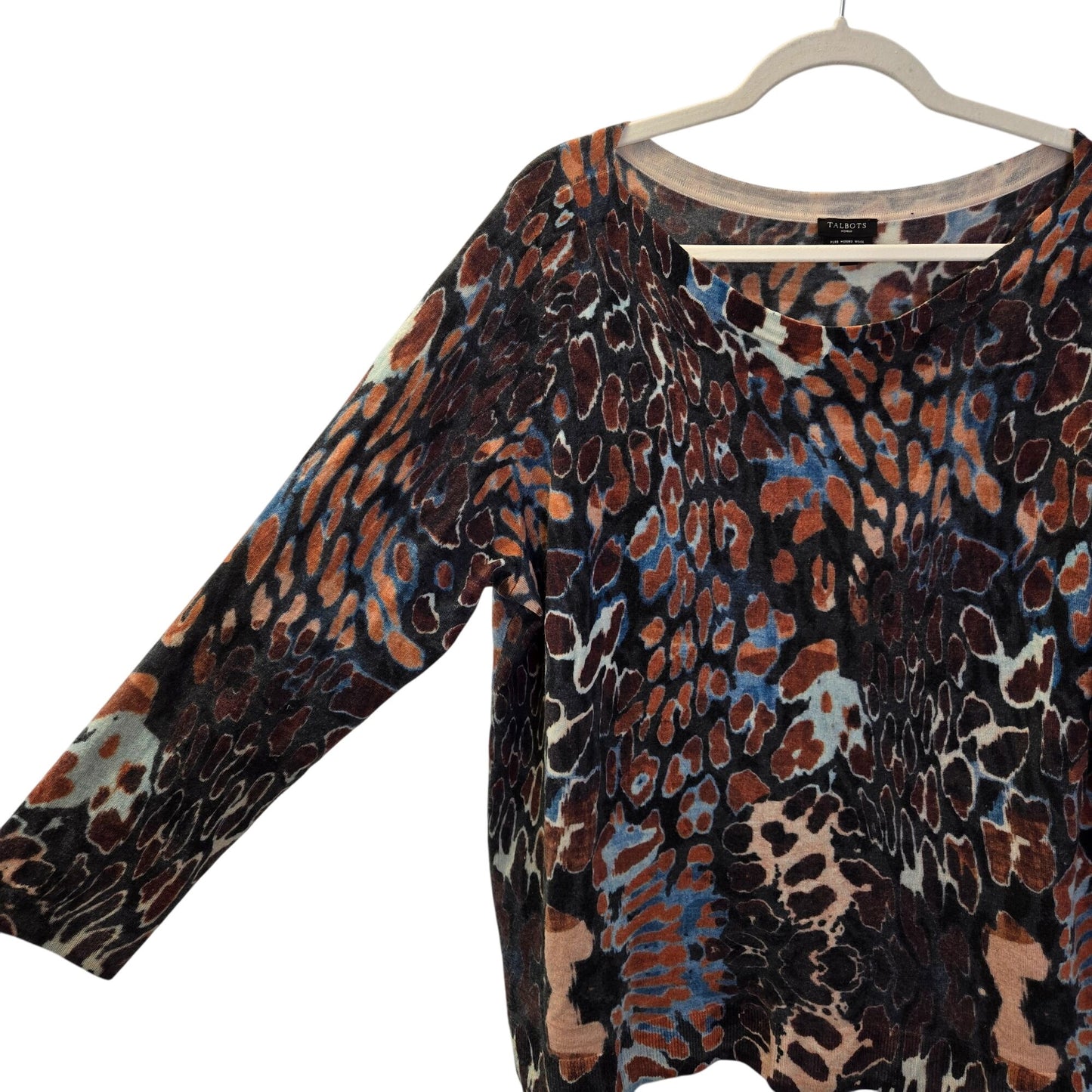 Talbots Woman 100% Merino Wool Leopard Print 3/4 Sleeve Crewneck Sweater Size 2XL