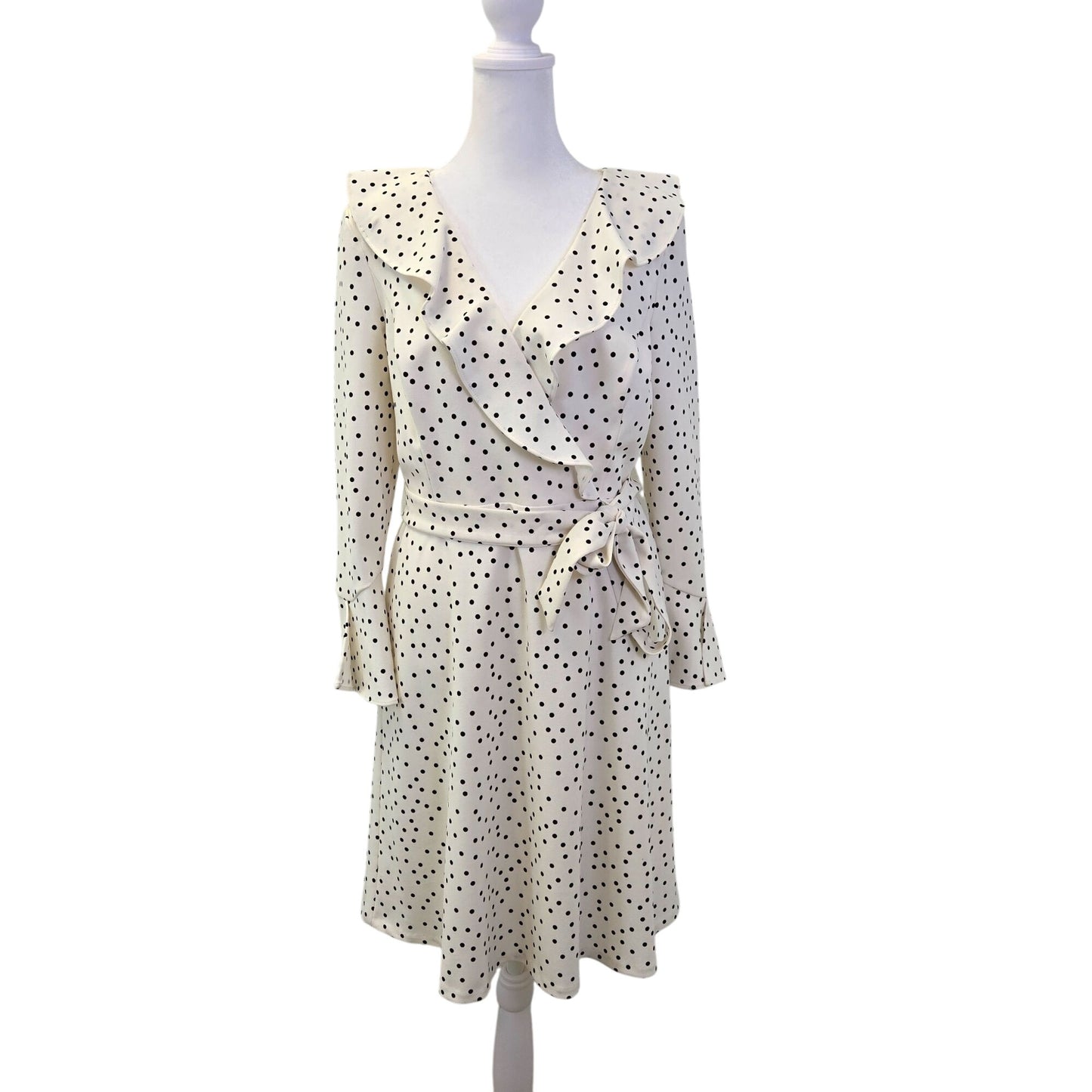 DKNY Polka Dot Faux Wrap Bell Sleeve Ruffle Detail Dress Size 6