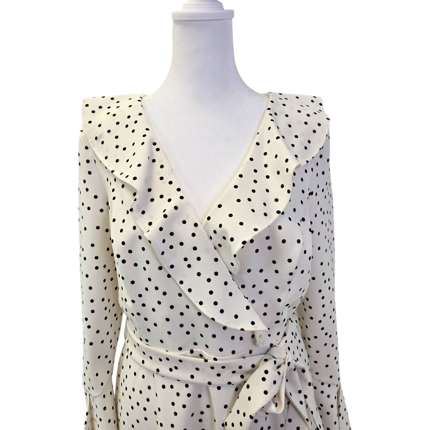 DKNY Polka Dot Faux Wrap Bell Sleeve Ruffle Detail Dress Size 6