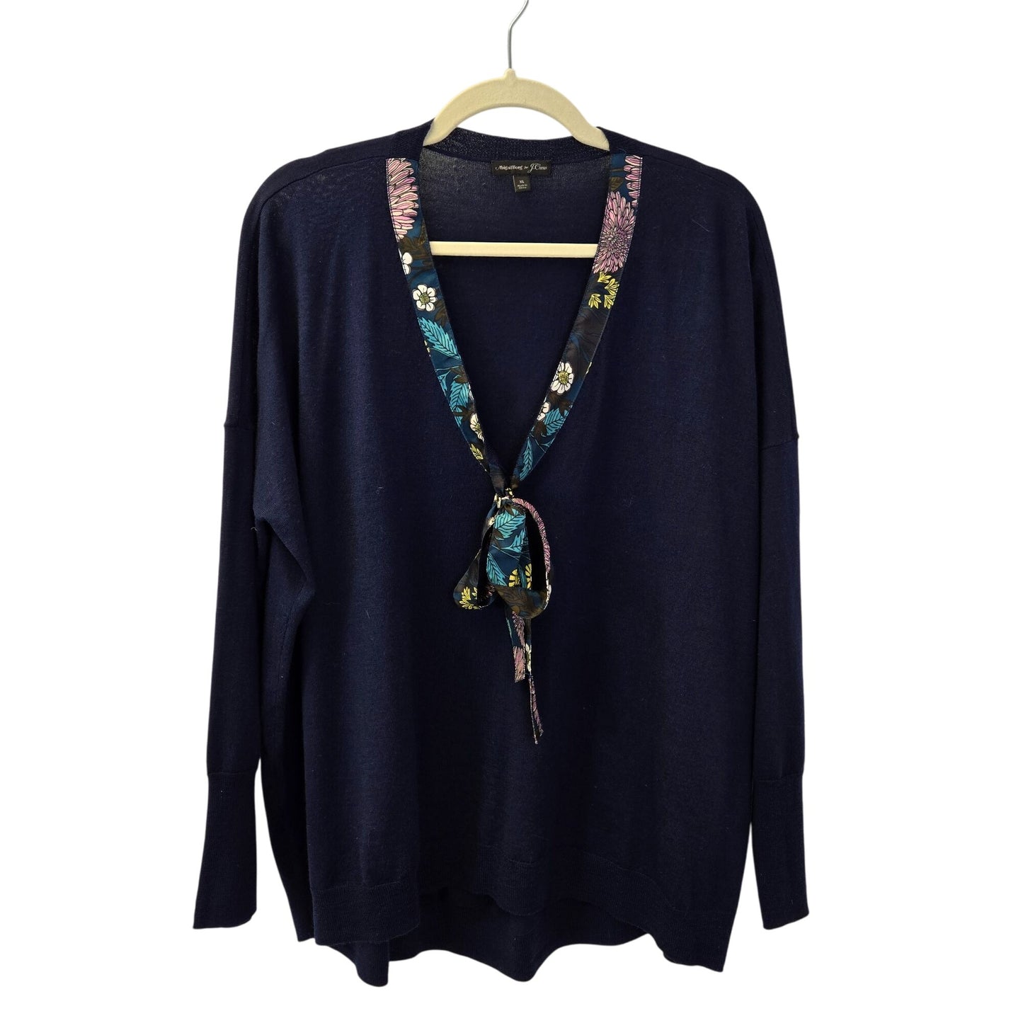 J. Crew x Abigail Borg 100% Merino Wool Floral Tie Accent V-Neck Sweater Size XL