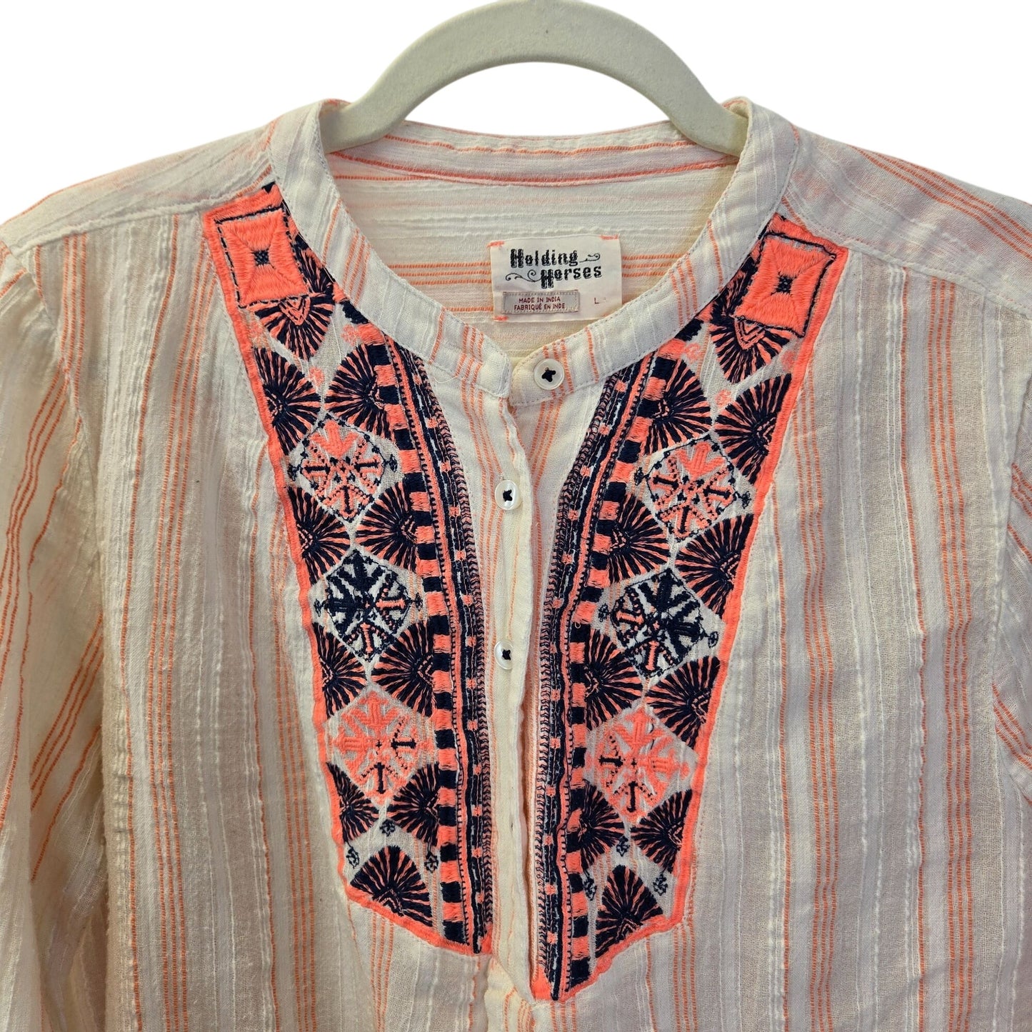 Anthropologie Holding Horses Gauze Striped Embroidered Peasant Top Size Large