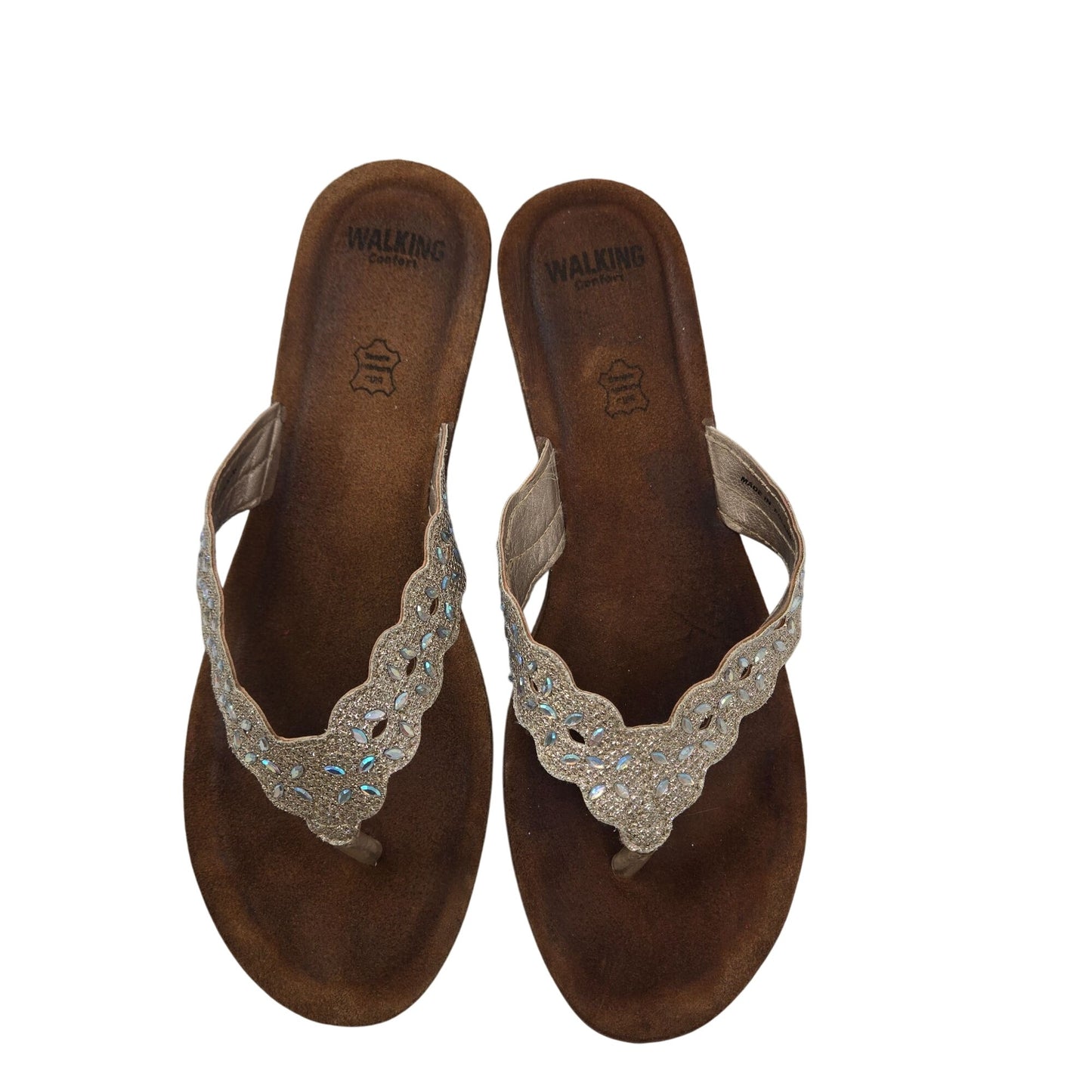 Walking Comfort Wedge Scalloped and Beaded Thong Strap Sandals Size 40/US 9