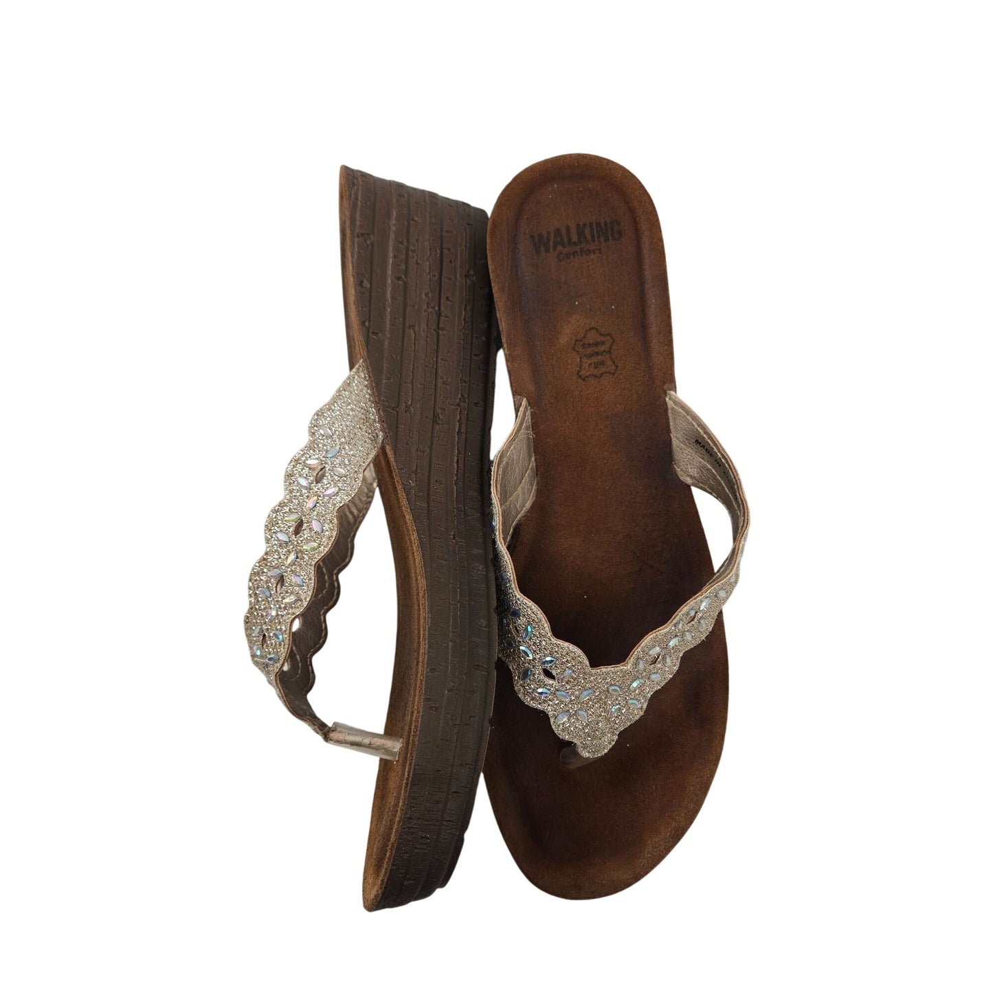 Walking Comfort Wedge Scalloped and Beaded Thong Strap Sandals Size 40/US 9